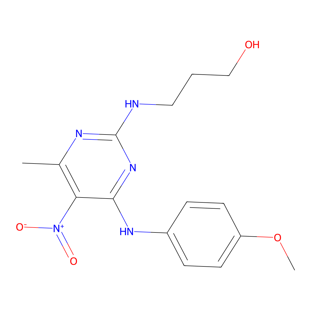3-((4-((4-Methoxyphenyl)amino)-6-methyl-5-nitropyrimidin-2-yl)amino)propan-1-ol molecular structure, CAS 392732-14-8