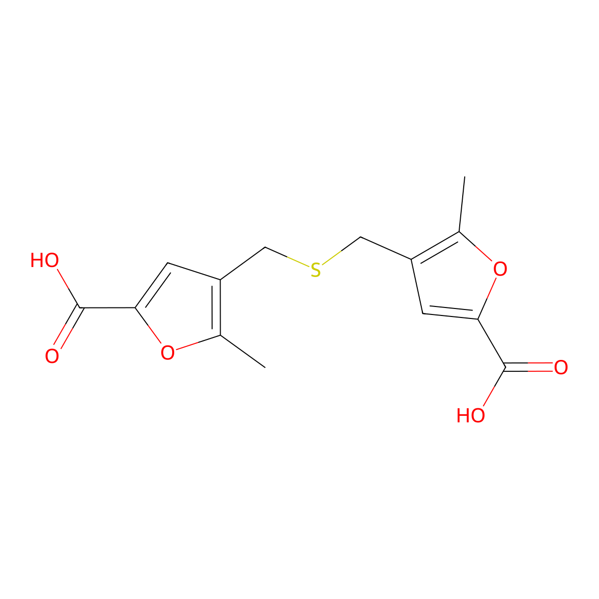 4,4'-(Thiobis(methylene))bis(5-methylfuran-2-carboxylic acid) molecular structure, CAS 392738-72-6