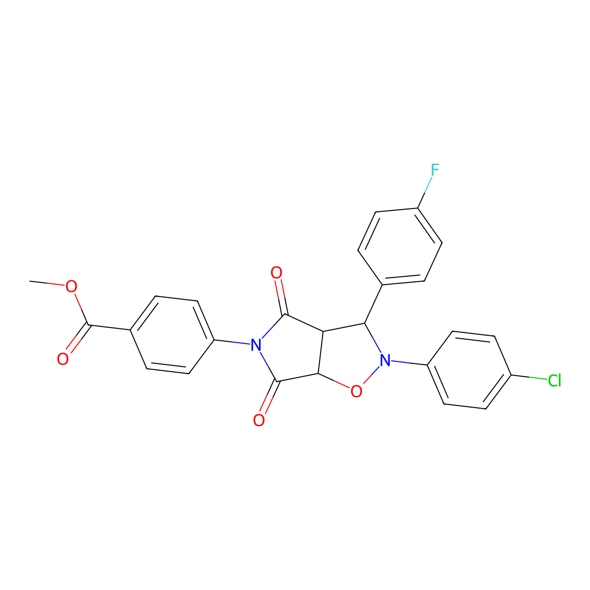 methyl 4-[2-(4-chlorophenyl)-3-(4-fluorophenyl)-4,6-dioxo-hexahydro-2H-pyrrolo[3,4-d][1,2]oxazol-5-yl]benzoate molecular structure, CAS 393130-92-2