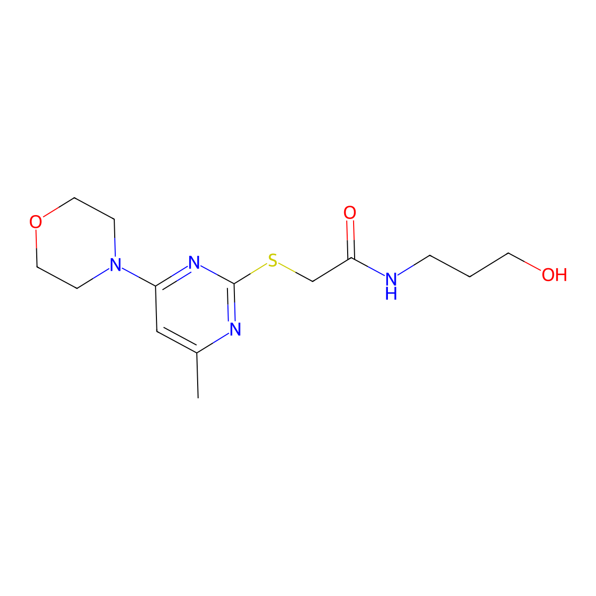 N-(3-hydroxypropyl)-2-((4-methyl-6-morpholinopyrimidin-2-yl)thio)acetamide molecular structure, CAS 393518-13-3