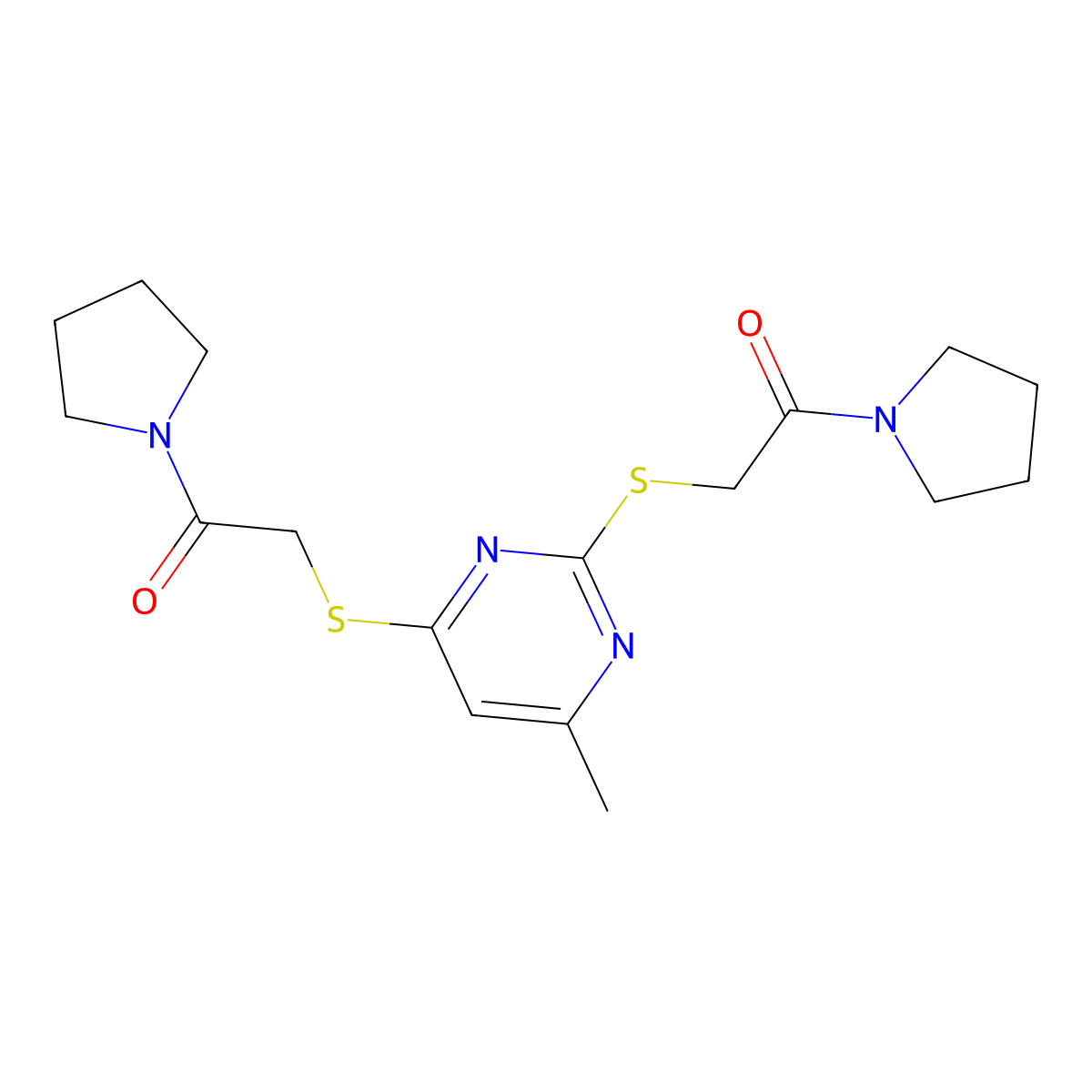 2-[6-Methyl-2-(2-oxo-2-pyrrolidin-1-ylethyl)sulfanylpyrimidin-4-yl]sulfanyl-1-pyrrolidin-1-ylethanone molecular structure, CAS 393520-43-9