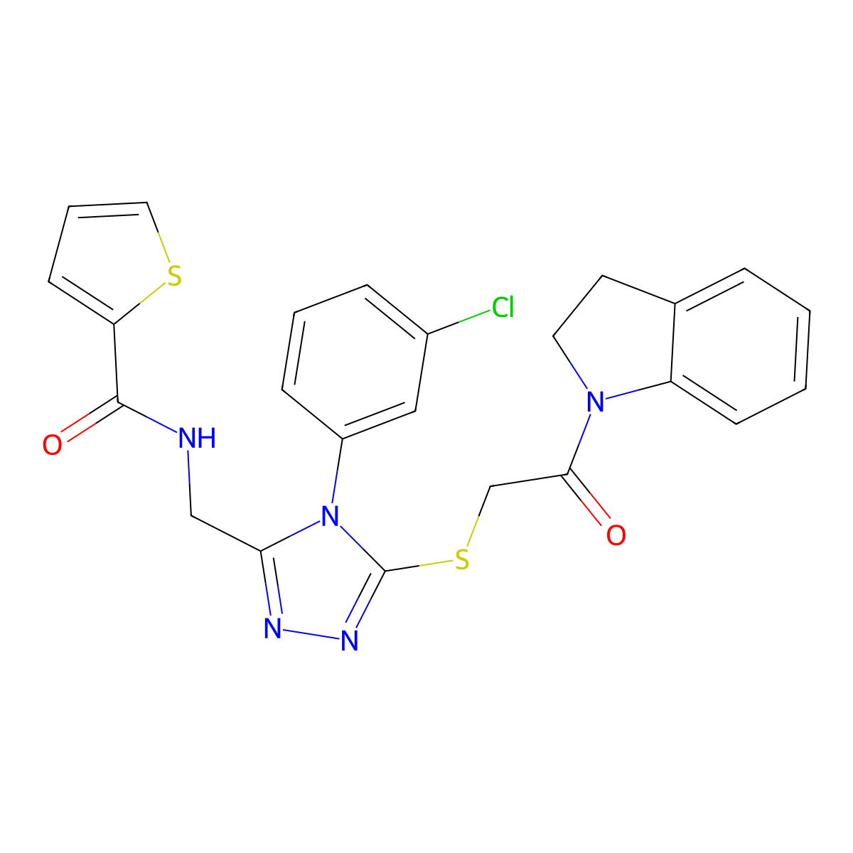 N-((4-(3-chlorophenyl)-5-((2-(indolin-1-yl)-2-oxoethyl)thio)-4H-1,2,4-triazol-3-yl)methyl)thiophene-2-carboxamide molecular structure, CAS 393564-52-8