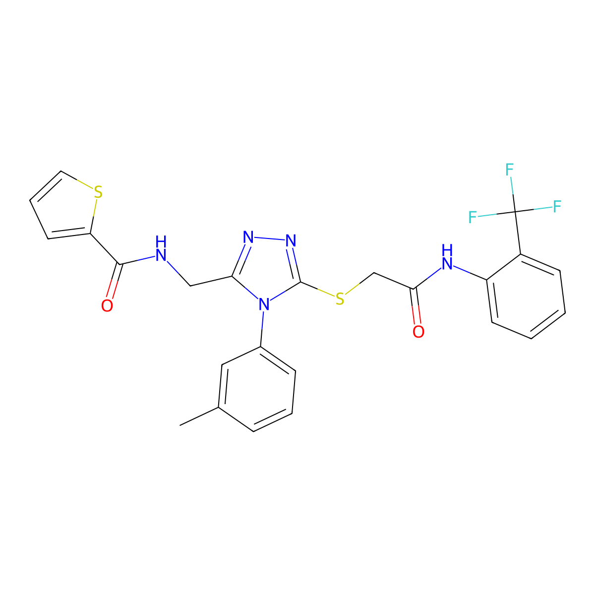 N-((5-((2-oxo-2-((2-(trifluoromethyl)phenyl)amino)ethyl)thio)-4-(m-tolyl)-4H-1,2,4-triazol-3-yl)methyl)thiophene-2-carboxamide molecular structure, CAS 393564-69-7