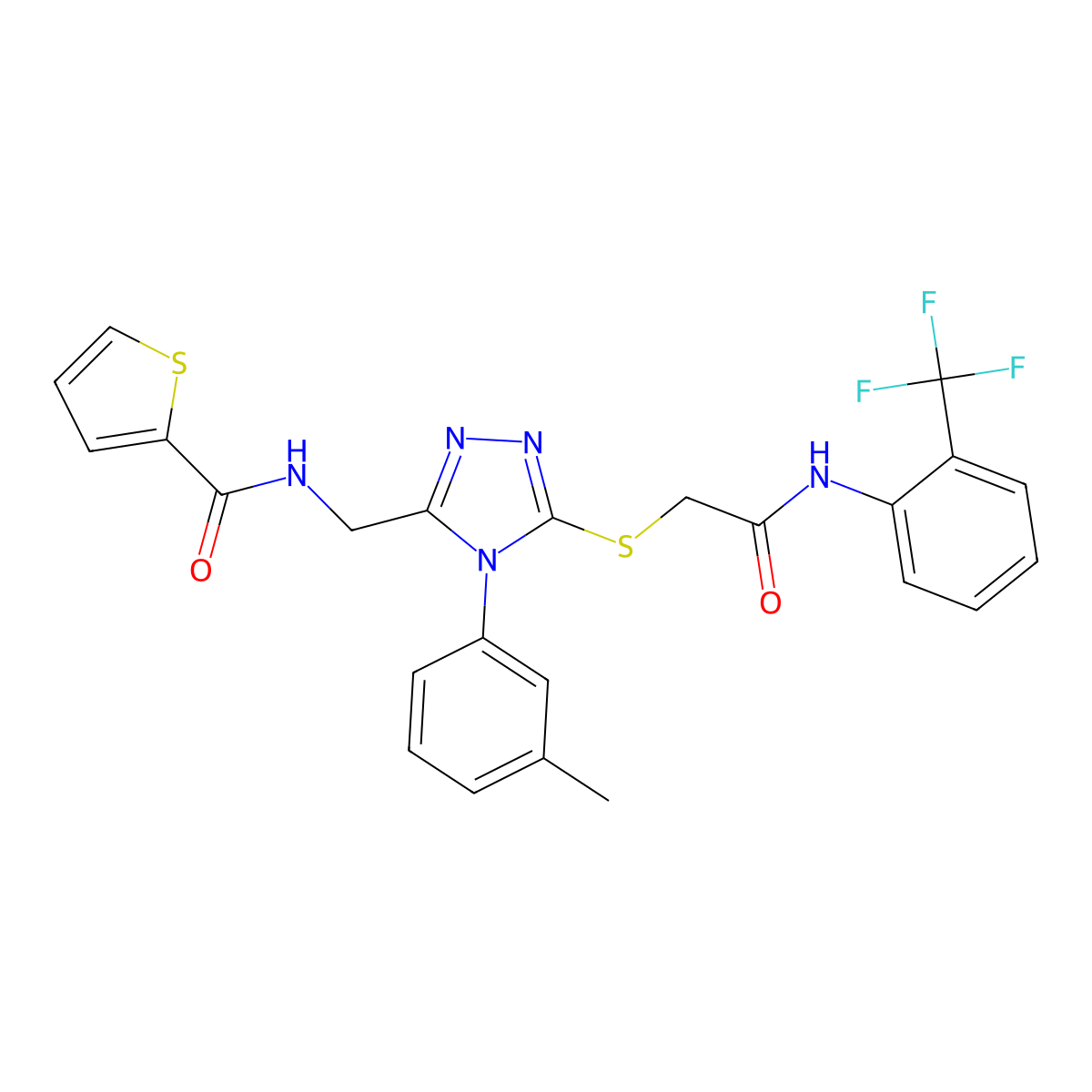 N-((5-((2-oxo-2-((2-(trifluoromethyl)phenyl)amino)ethyl)thio)-4-(m-tolyl)-4H-1,2,4-triazol-3-yl)methyl)thiophene-2-carboxamide molecular structure, CAS 393564-69-7