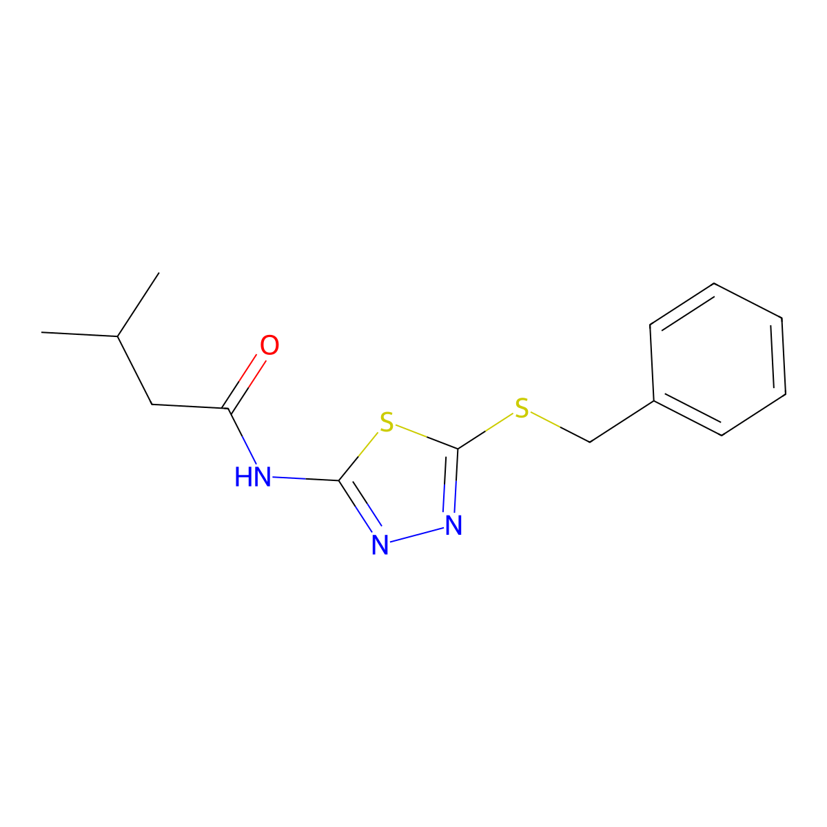 N-(5-(benzylthio)-1,3,4-thiadiazol-2-yl)-3-methylbutanamide molecular structure, CAS 393565-17-8