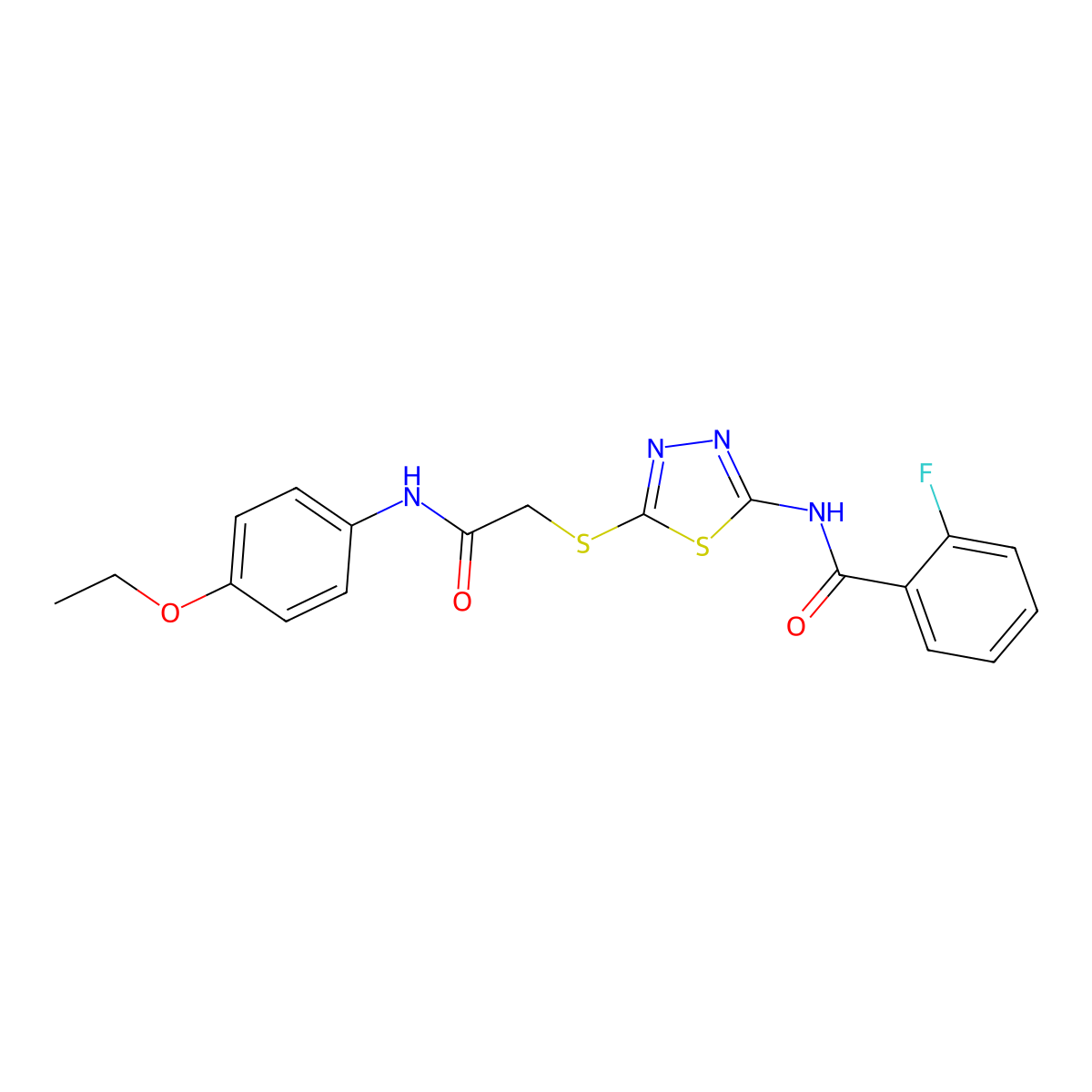 N-(5-((2-((4-ethoxyphenyl)amino)-2-oxoethyl)thio)-1,3,4-thiadiazol-2-yl)-2-fluorobenzamide molecular structure, CAS 393566-32-0