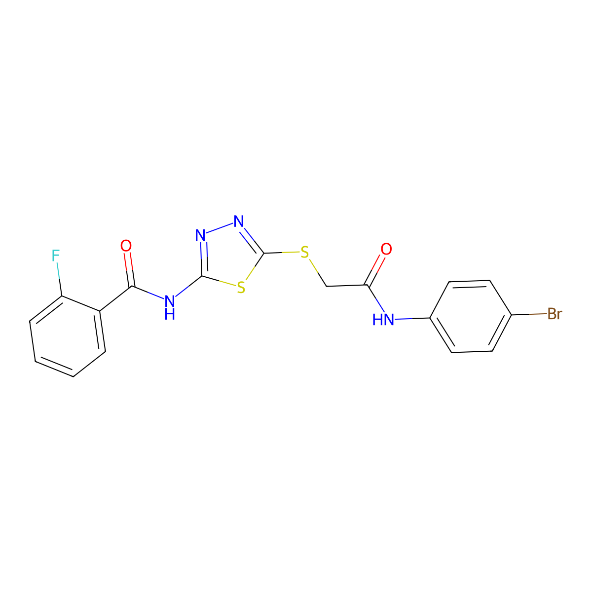 N-(5-((2-((4-bromophenyl)amino)-2-oxoethyl)thio)-1,3,4-thiadiazol-2-yl)-2-fluorobenzamide molecular structure, CAS 393566-37-5