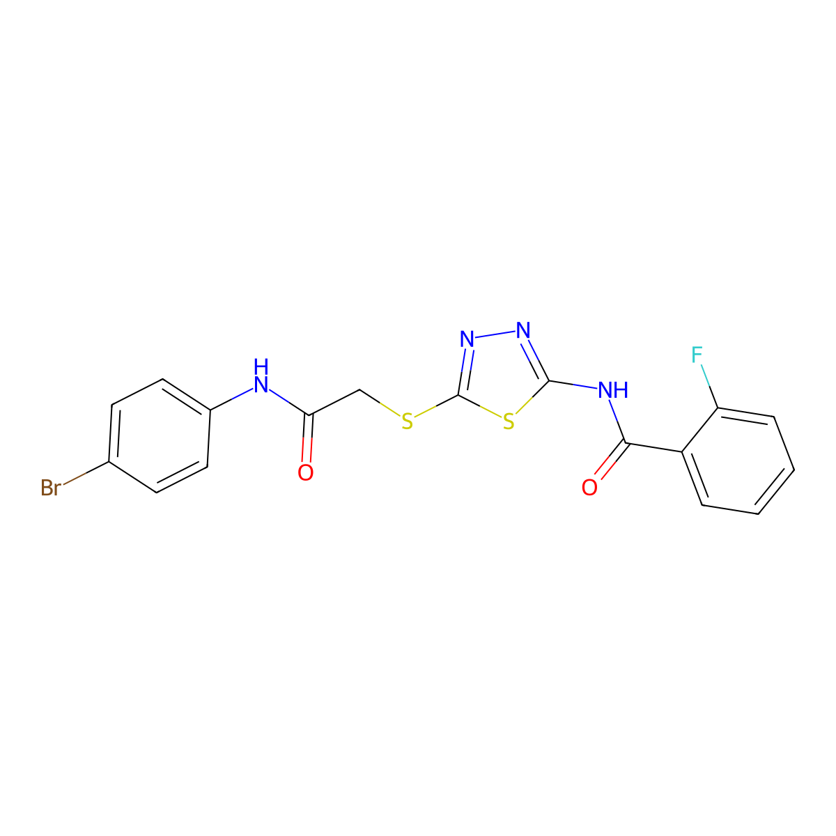 N-(5-((2-((4-bromophenyl)amino)-2-oxoethyl)thio)-1,3,4-thiadiazol-2-yl)-2-fluorobenzamide molecular structure, CAS 393566-37-5