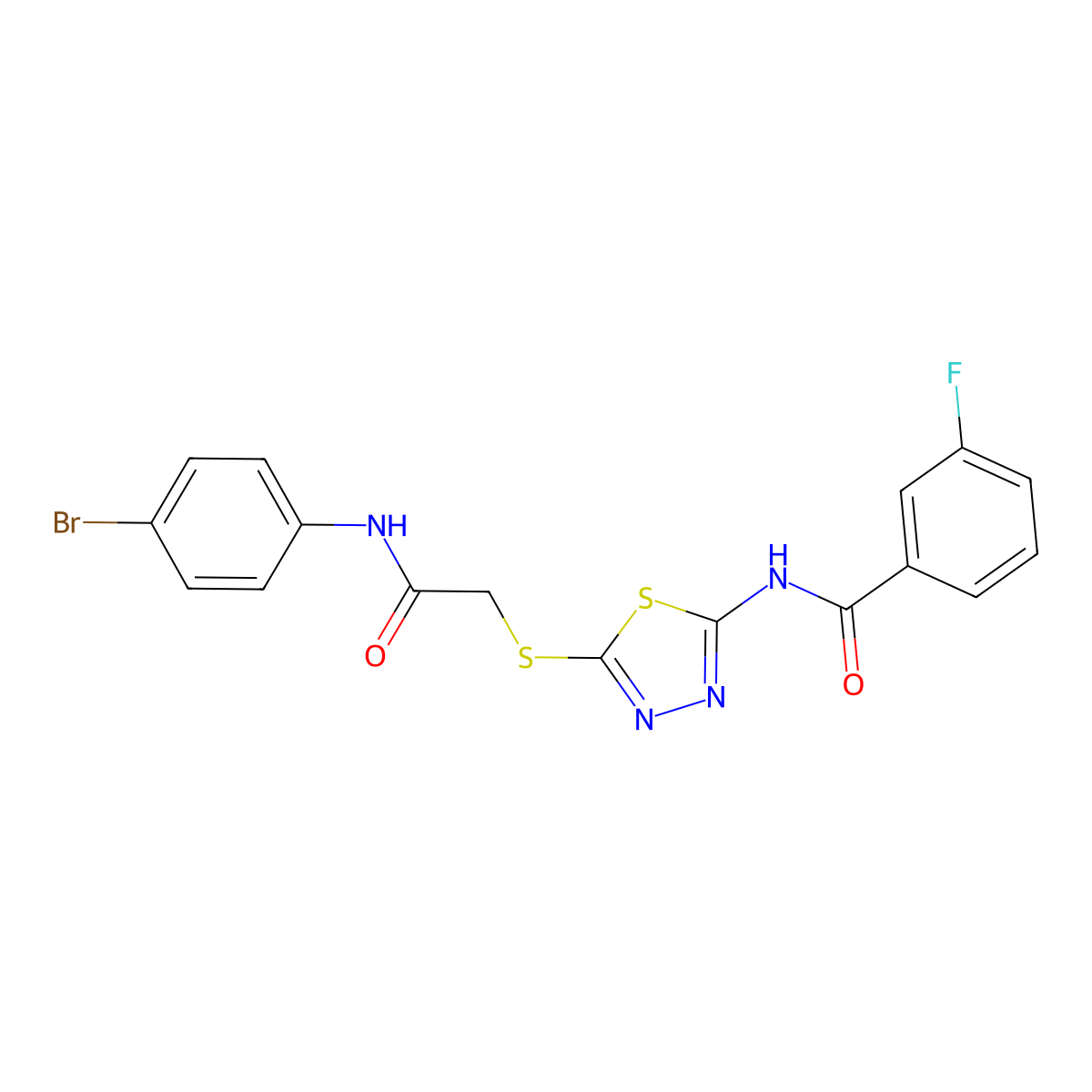 N-(5-((2-((4-bromophenyl)amino)-2-oxoethyl)thio)-1,3,4-thiadiazol-2-yl)-3-fluorobenzamide molecular structure, CAS 393566-67-1