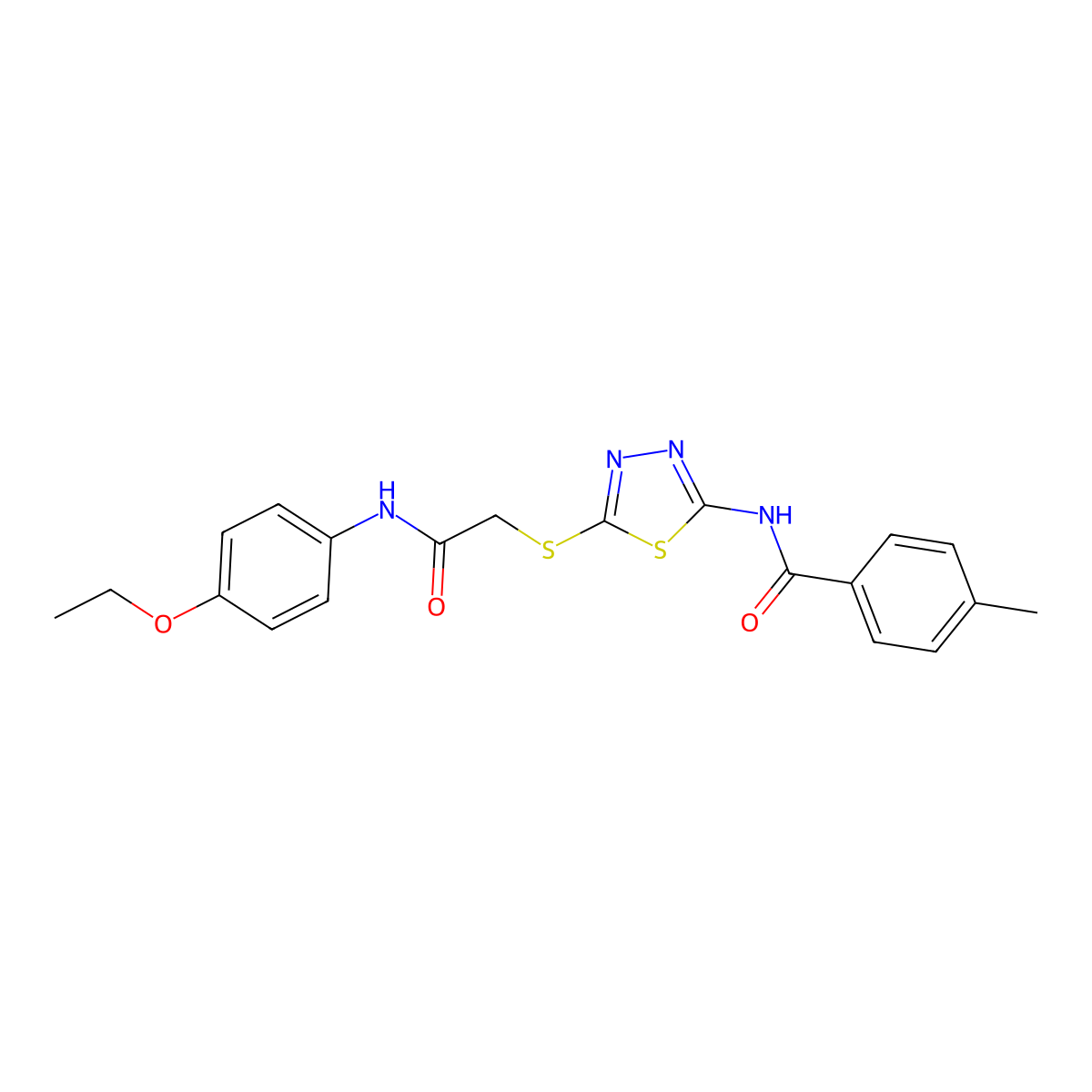N-(5-((2-((4-ethoxyphenyl)amino)-2-oxoethyl)thio)-1,3,4-thiadiazol-2-yl)-4-methylbenzamide molecular structure, CAS 393566-69-3
