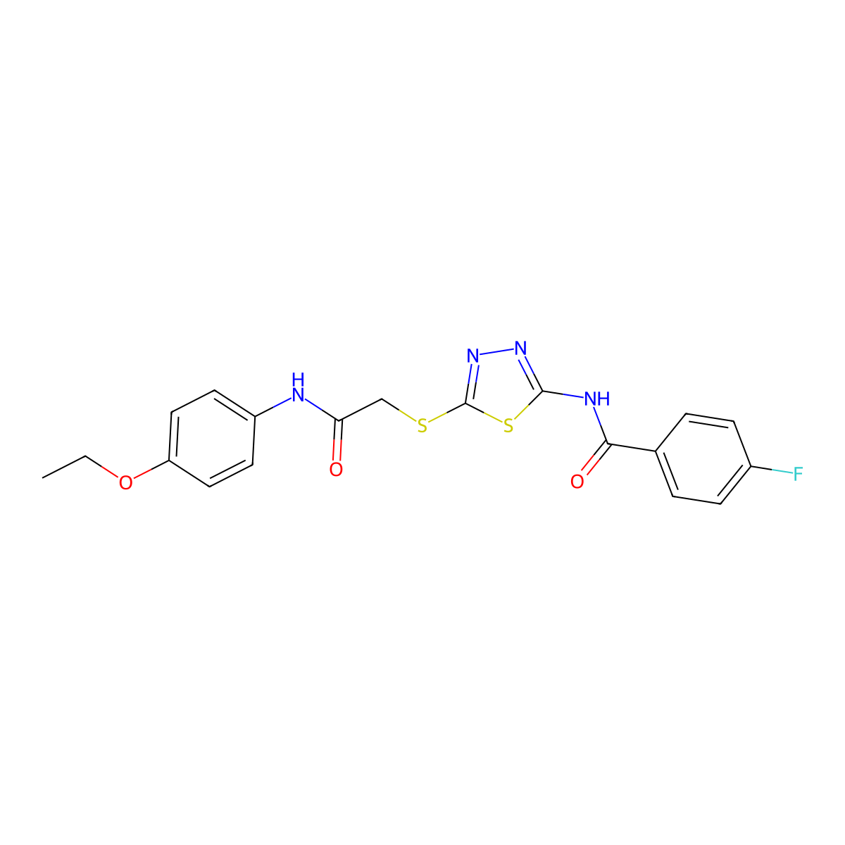 N-(5-((2-((4-ethoxyphenyl)amino)-2-oxoethyl)thio)-1,3,4-thiadiazol-2-yl)-4-fluorobenzamide molecular structure, CAS 393566-92-2