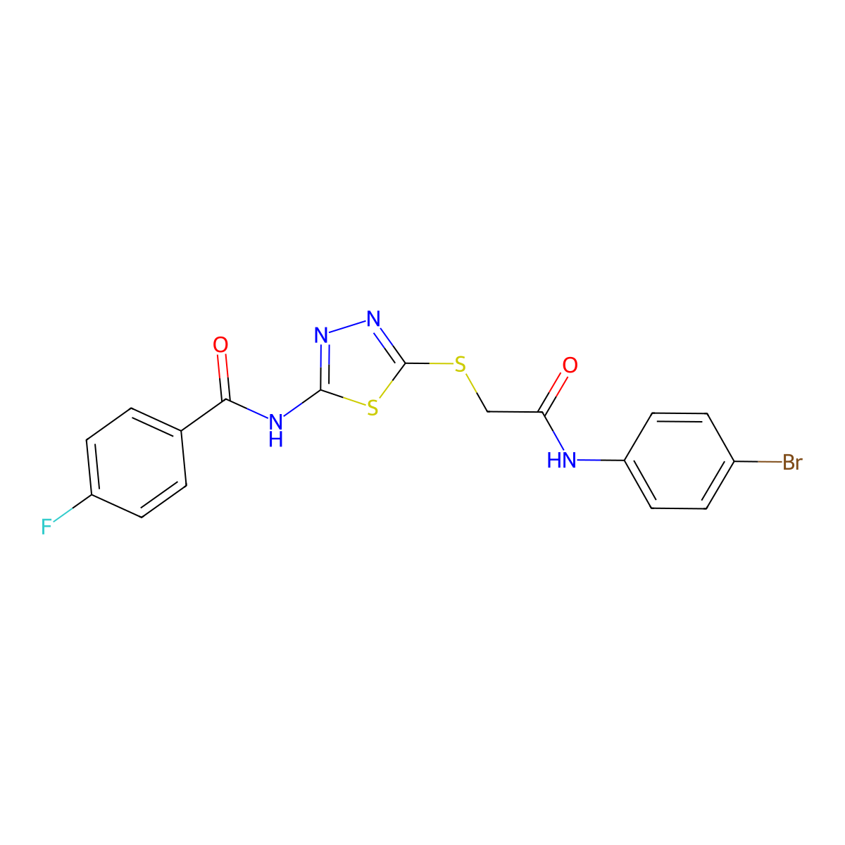 N-(5-((2-((4-bromophenyl)amino)-2-oxoethyl)thio)-1,3,4-thiadiazol-2-yl)-4-fluorobenzamide molecular structure, CAS 393566-95-5