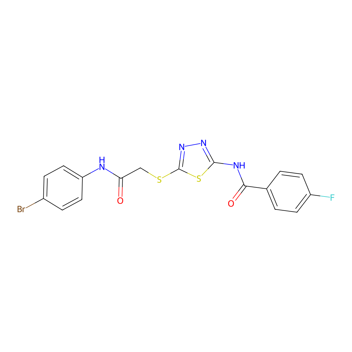 N-(5-((2-((4-bromophenyl)amino)-2-oxoethyl)thio)-1,3,4-thiadiazol-2-yl)-4-fluorobenzamide molecular structure, CAS 393566-95-5