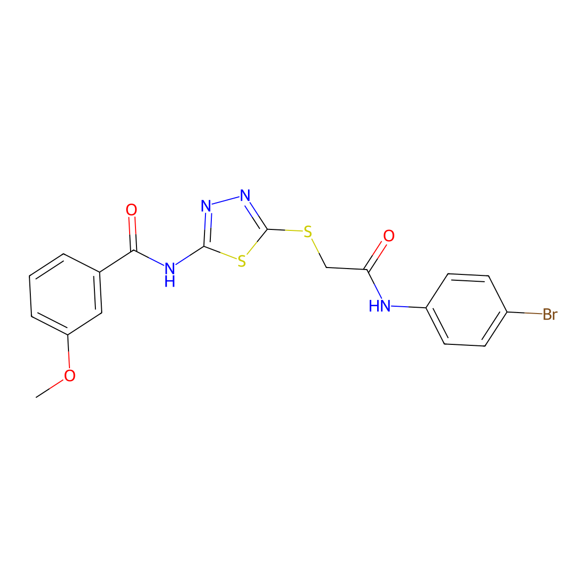 N-(5-((2-((4-bromophenyl)amino)-2-oxoethyl)thio)-1,3,4-thiadiazol-2-yl)-3-methoxybenzamide molecular structure, CAS 393567-27-6