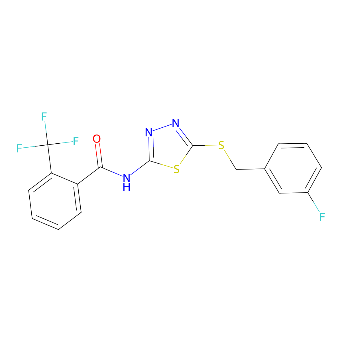 N-(5-((3-fluorobenzyl)thio)-1,3,4-thiadiazol-2-yl)-2-(trifluoromethyl)benzamide molecular structure, CAS 393567-42-5