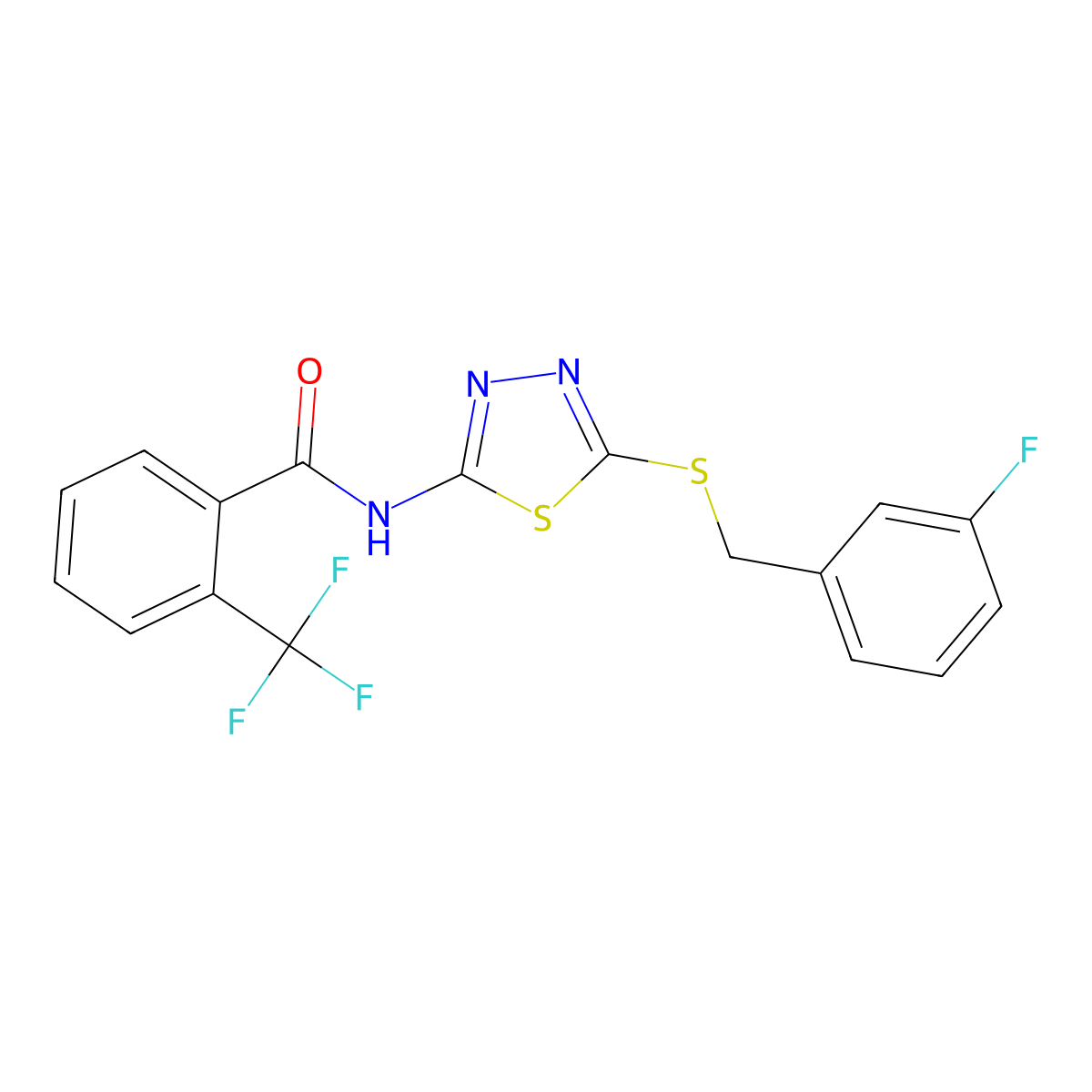 N-(5-((3-fluorobenzyl)thio)-1,3,4-thiadiazol-2-yl)-2-(trifluoromethyl)benzamide molecular structure, CAS 393567-42-5