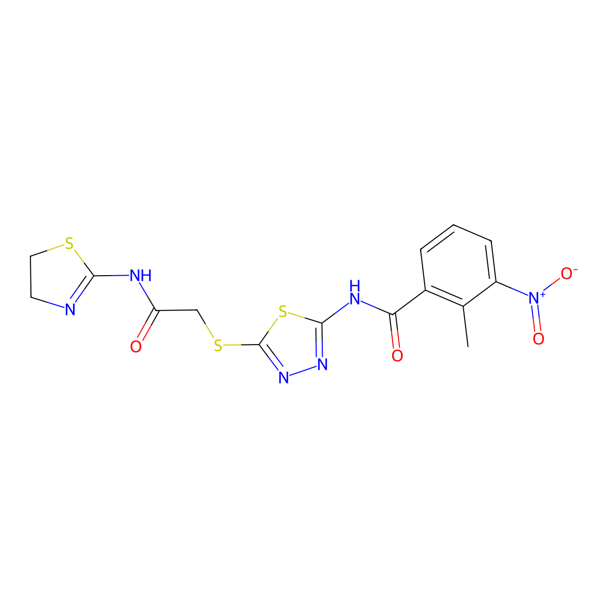 N-(5-((2-((4,5-dihydrothiazol-2-yl)amino)-2-oxoethyl)thio)-1,3,4-thiadiazol-2-yl)-2-methyl-3-nitrobenzamide molecular structure, CAS 393567-79-8