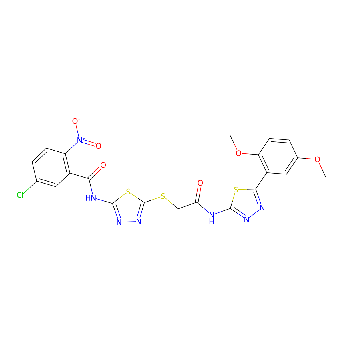 5-chloro-N-[5-[2-[[5-(2,5-dimethoxyphenyl)-1,3,4-thiadiazol-2-yl]amino]-2-oxoethyl]sulfanyl-1,3,4-thiadiazol-2-yl]-2-nitrobenzamide molecular structure, CAS 393568-21-3