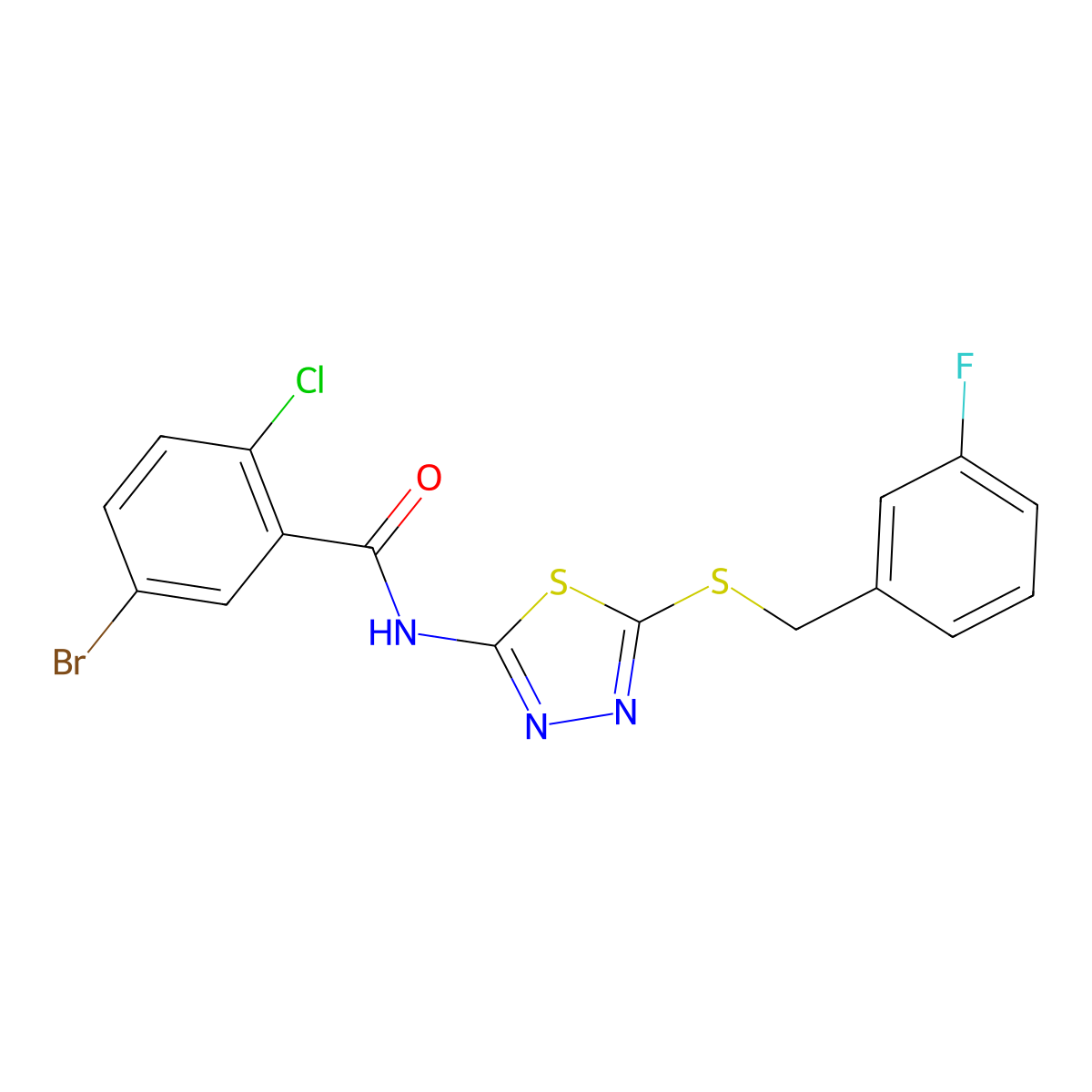 5-bromo-2-chloro-N-(5-((3-fluorobenzyl)thio)-1,3,4-thiadiazol-2-yl)benzamide molecular structure, CAS 393569-15-8