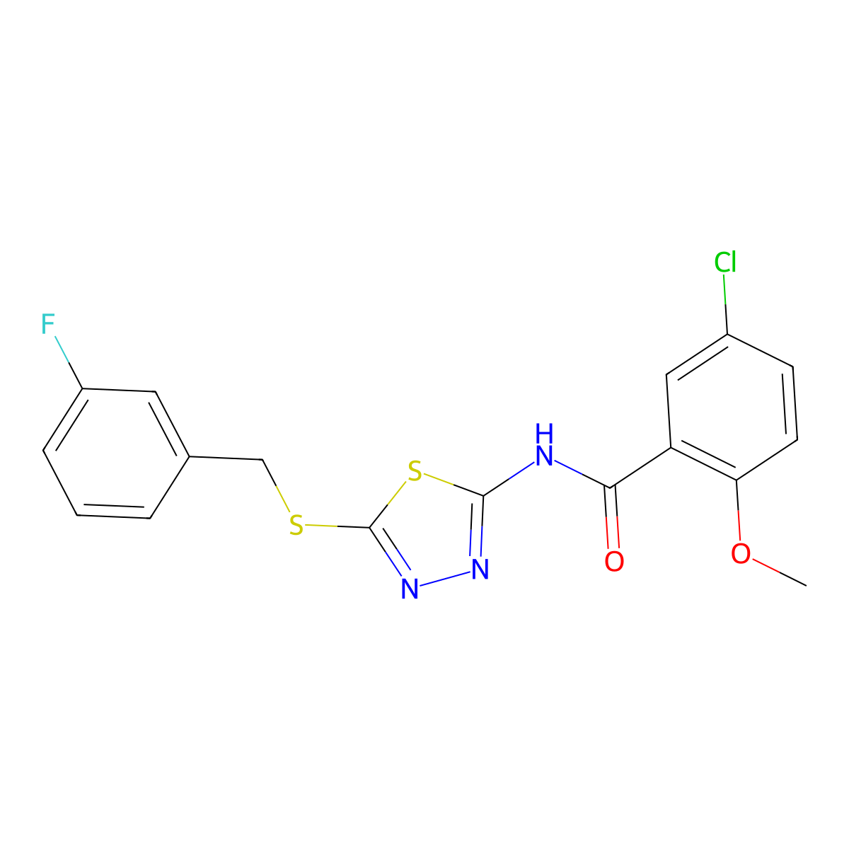 5-chloro-N-(5-((3-fluorobenzyl)thio)-1,3,4-thiadiazol-2-yl)-2-methoxybenzamide molecular structure, CAS 393569-27-2
