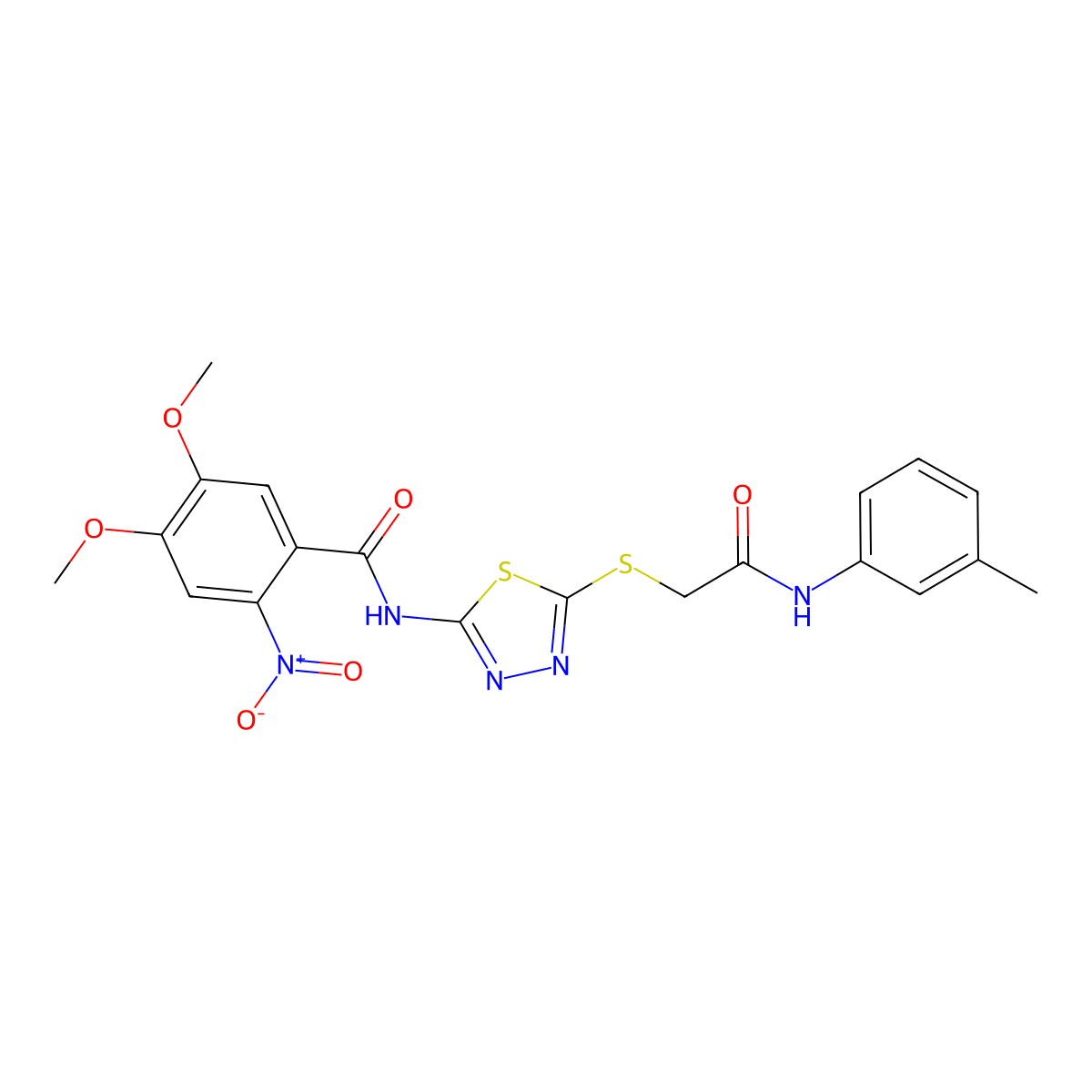 4,5-dimethoxy-2-nitro-N-(5-((2-oxo-2-(m-tolylamino)ethyl)thio)-1,3,4-thiadiazol-2-yl)benzamide molecular structure, CAS 393571-31-8