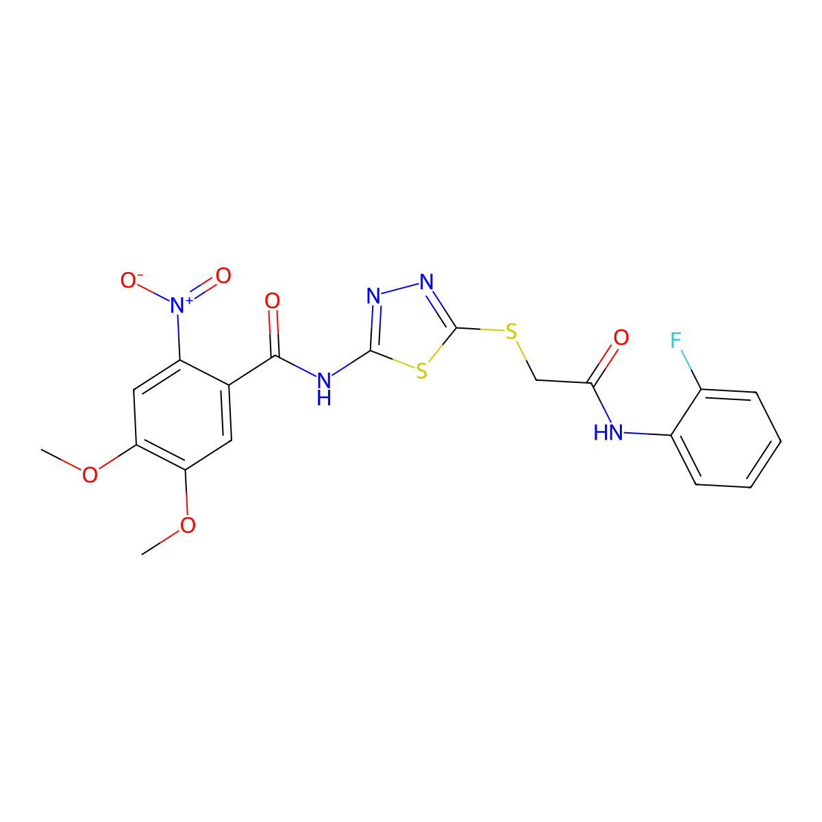 N-(5-((2-((2-fluorophenyl)amino)-2-oxoethyl)thio)-1,3,4-thiadiazol-2-yl)-4,5-dimethoxy-2-nitrobenzamide molecular structure, CAS 393571-34-1