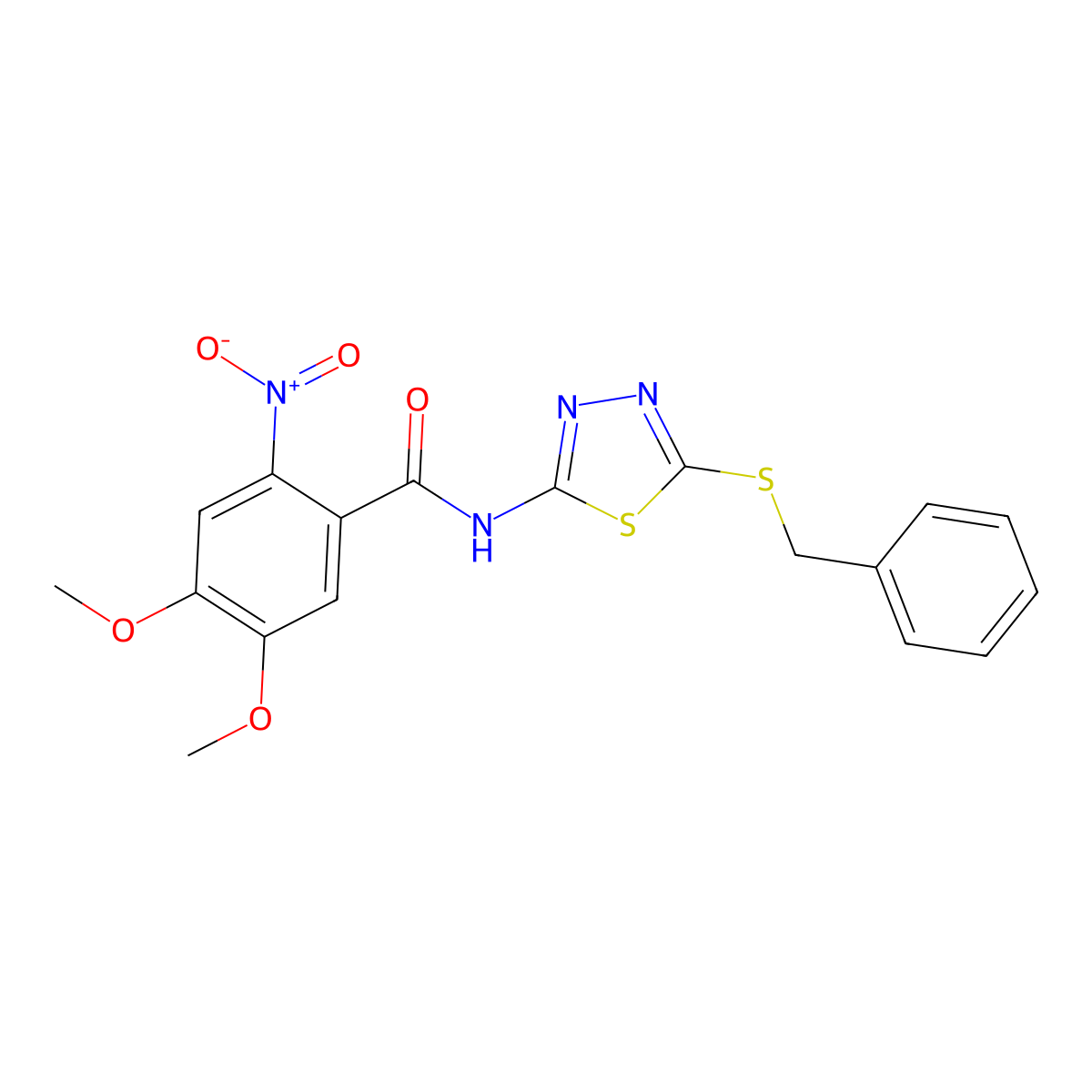 N-[5-(benzylsulfanyl)-1,3,4-thiadiazol-2-yl]-4,5-dimethoxy-2-nitrobenzamide molecular structure, CAS 393571-36-3