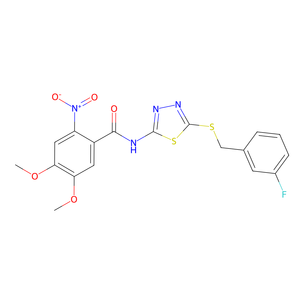 N-(5-((3-fluorobenzyl)thio)-1,3,4-thiadiazol-2-yl)-4,5-dimethoxy-2-nitrobenzamide molecular structure, CAS 393571-37-4