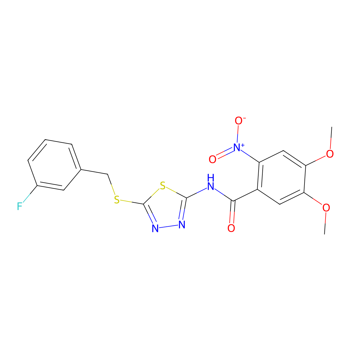N-(5-((3-fluorobenzyl)thio)-1,3,4-thiadiazol-2-yl)-4,5-dimethoxy-2-nitrobenzamide molecular structure, CAS 393571-37-4