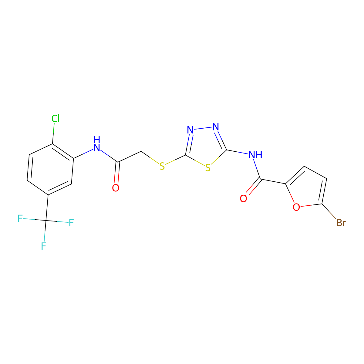 5-bromo-N-(5-((2-((2-chloro-5-(trifluoromethyl)phenyl)amino)-2-oxoethyl)thio)-1,3,4-thiadiazol-2-yl)furan-2-carboxamide molecular structure, CAS 393572-08-2