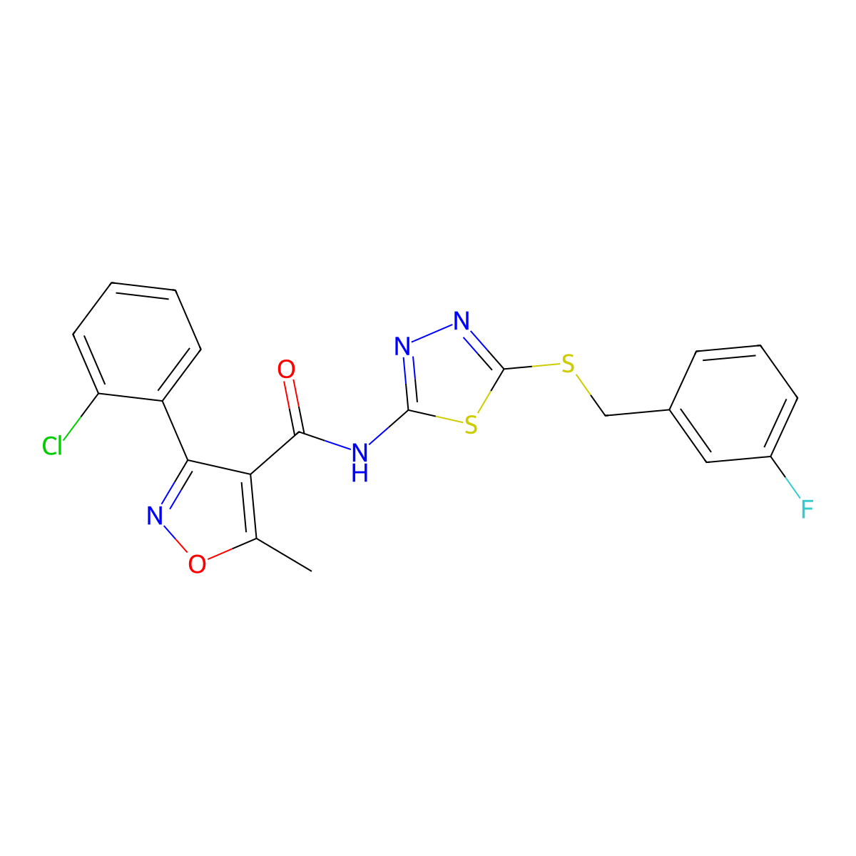 3-(2-chlorophenyl)-N-(5-((3-fluorobenzyl)thio)-1,3,4-thiadiazol-2-yl)-5-methylisoxazole-4-carboxamide molecular structure, CAS 393572-84-4