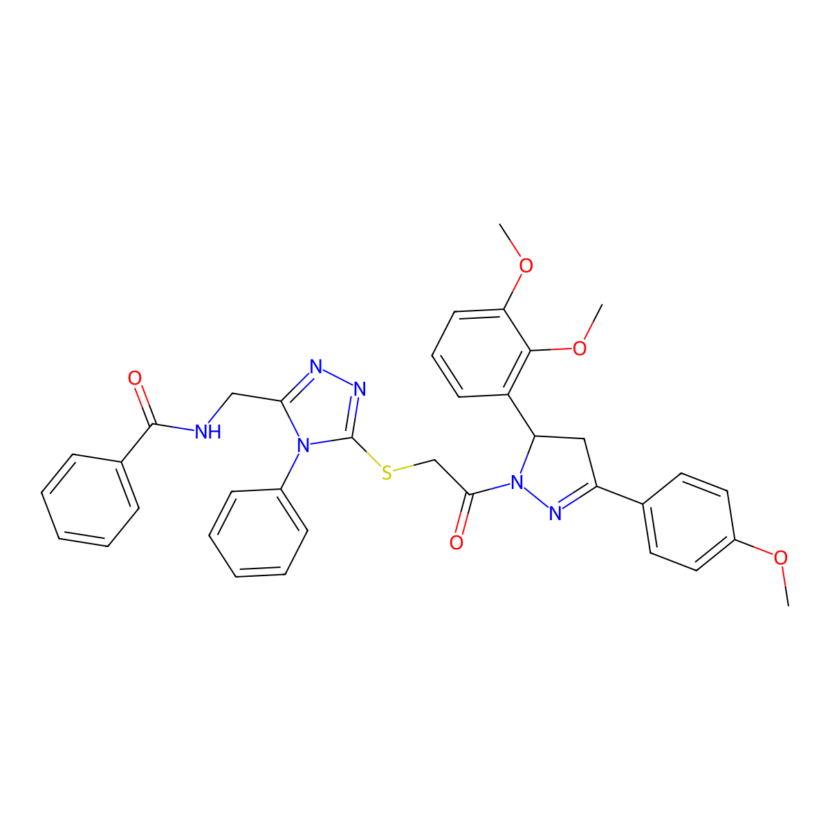 N-[[5-[2-[3-(2,3-dimethoxyphenyl)-5-(4-methoxyphenyl)-3,4-dihydropyrazol-2-yl]-2-oxoethyl]sulfanyl-4-phenyl-1,2,4-triazol-3-yl]methyl]benzamide molecular structure, CAS 393573-13-2