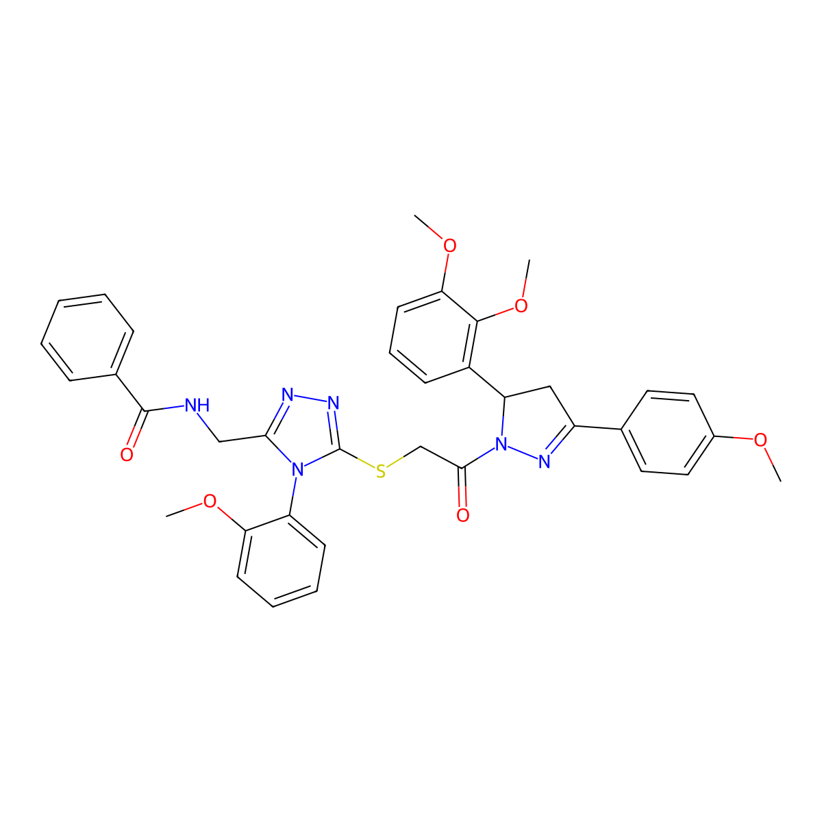 N-((5-((2-(5-(2,3-dimethoxyphenyl)-3-(4-methoxyphenyl)-4,5-dihydro-1H-pyrazol-1-yl)-2-oxoethyl)thio)-4-(2-methoxyphenyl)-4H-1,2,4-triazol-3-yl)methyl)benzamide molecular structure, CAS 393573-28-9