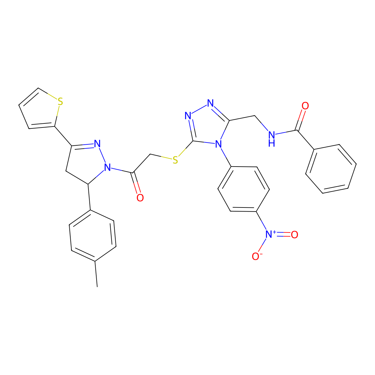 N-((4-(4-nitrophenyl)-5-((2-oxo-2-(3-(thiophen-2-yl)-5-(p-tolyl)-4,5-dihydro-1H-pyrazol-1-yl)ethyl)thio)-4H-1,2,4-triazol-3-yl)methyl)benzamide molecular structure, CAS 393573-30-3