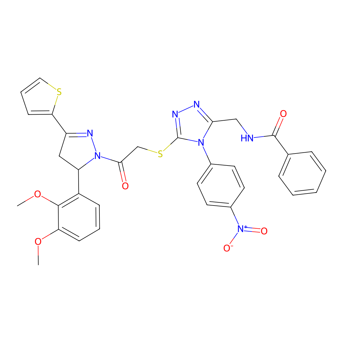 N-((5-((2-(5-(2,3-dimethoxyphenyl)-3-(thiophen-2-yl)-4,5-dihydro-1H-pyrazol-1-yl)-2-oxoethyl)thio)-4-(4-nitrophenyl)-4H-1,2,4-triazol-3-yl)methyl)benzamide molecular structure, CAS 393573-33-6