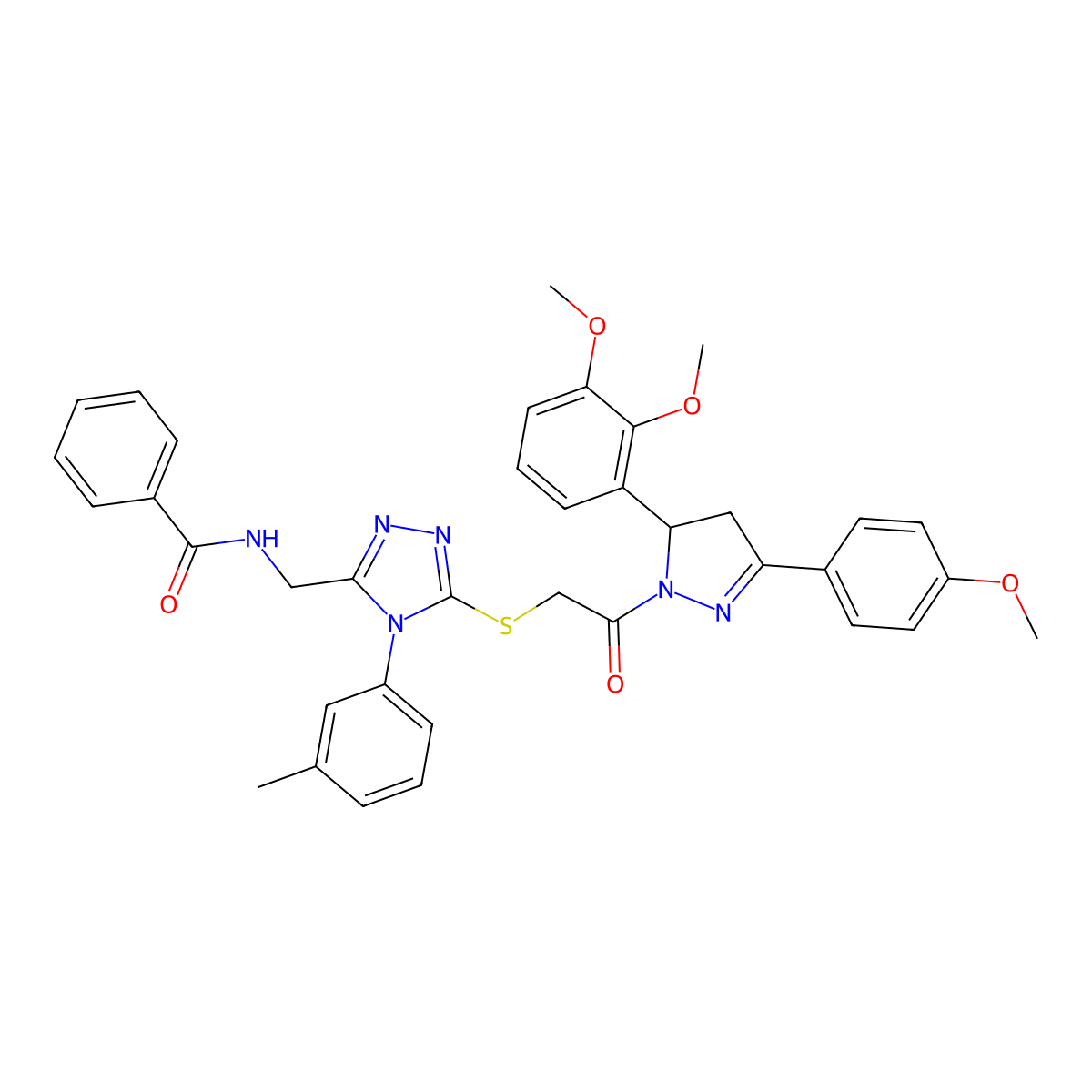N-((5-((2-(5-(2,3-dimethoxyphenyl)-3-(4-methoxyphenyl)-4,5-dihydro-1H-pyrazol-1-yl)-2-oxoethyl)thio)-4-(m-tolyl)-4H-1,2,4-triazol-3-yl)methyl)benzamide molecular structure, CAS 393573-44-9