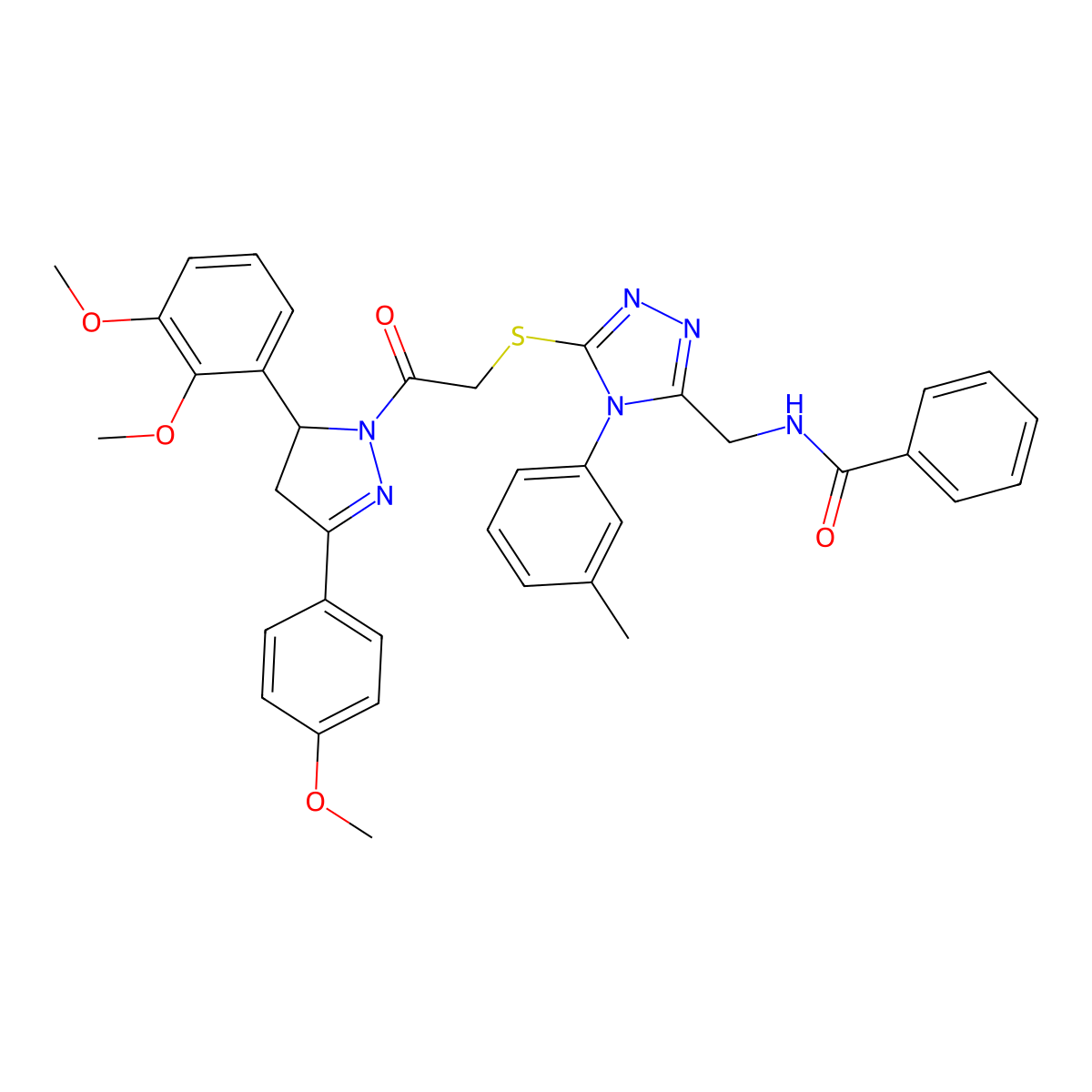 N-((5-((2-(5-(2,3-dimethoxyphenyl)-3-(4-methoxyphenyl)-4,5-dihydro-1H-pyrazol-1-yl)-2-oxoethyl)thio)-4-(m-tolyl)-4H-1,2,4-triazol-3-yl)methyl)benzamide molecular structure, CAS 393573-44-9
