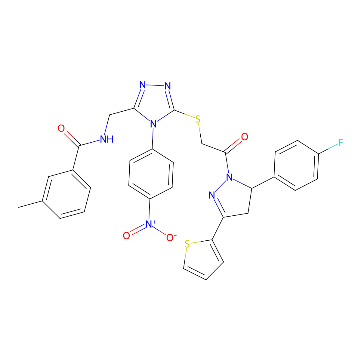N-[[5-[2-[3-(4-fluorophenyl)-5-thiophen-2-yl-3,4-dihydropyrazol-2-yl]-2-oxoethyl]sulfanyl-4-(4-nitrophenyl)-1,2,4-triazol-3-yl]methyl]-3-methylbenzamide molecular structure, CAS 393573-62-1