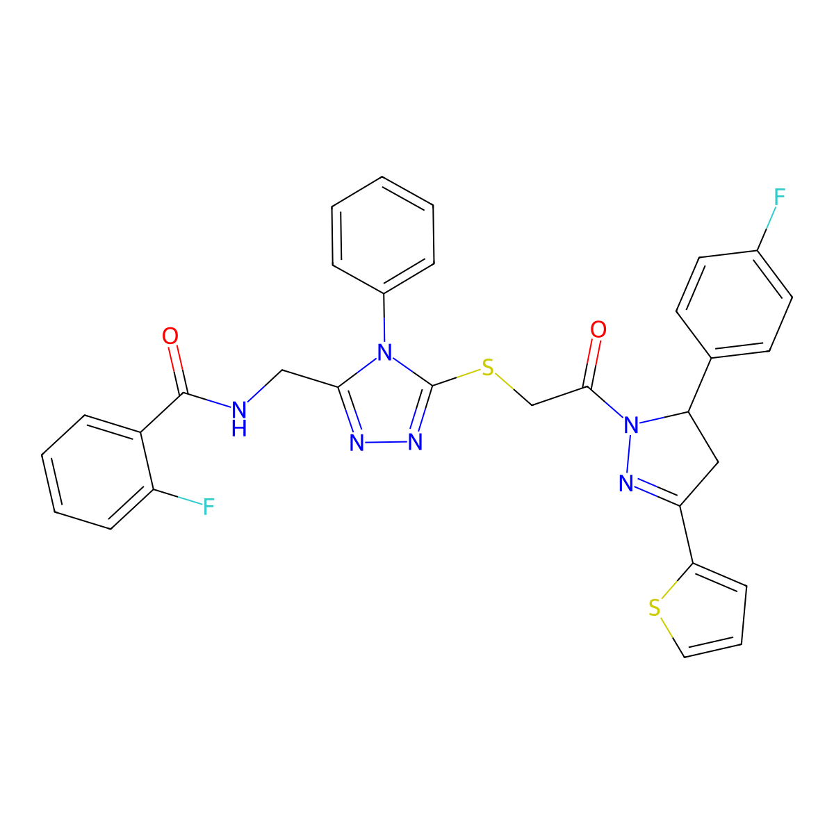 2-fluoro-N-((5-((2-(5-(4-fluorophenyl)-3-(thiophen-2-yl)-4,5-dihydro-1H-pyrazol-1-yl)-2-oxoethyl)thio)-4-phenyl-4H-1,2,4-triazol-3-yl)methyl)benzamide molecular structure, CAS 393573-66-5