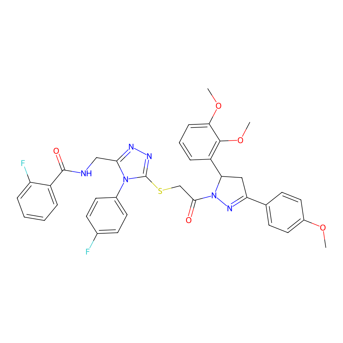 N-[[5-[2-[3-(2,3-dimethoxyphenyl)-5-(4-methoxyphenyl)-3,4-dihydropyrazol-2-yl]-2-oxoethyl]sulfanyl-4-(4-fluorophenyl)-1,2,4-triazol-3-yl]methyl]-2-fluorobenzamide molecular structure, CAS 393573-75-6
