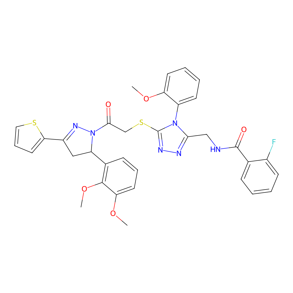 N-[[5-[2-[3-(2,3-dimethoxyphenyl)-5-thiophen-2-yl-3,4-dihydropyrazol-2-yl]-2-oxoethyl]sulfanyl-4-(2-methoxyphenyl)-1,2,4-triazol-3-yl]methyl]-2-fluorobenzamide molecular structure, CAS 393573-81-4