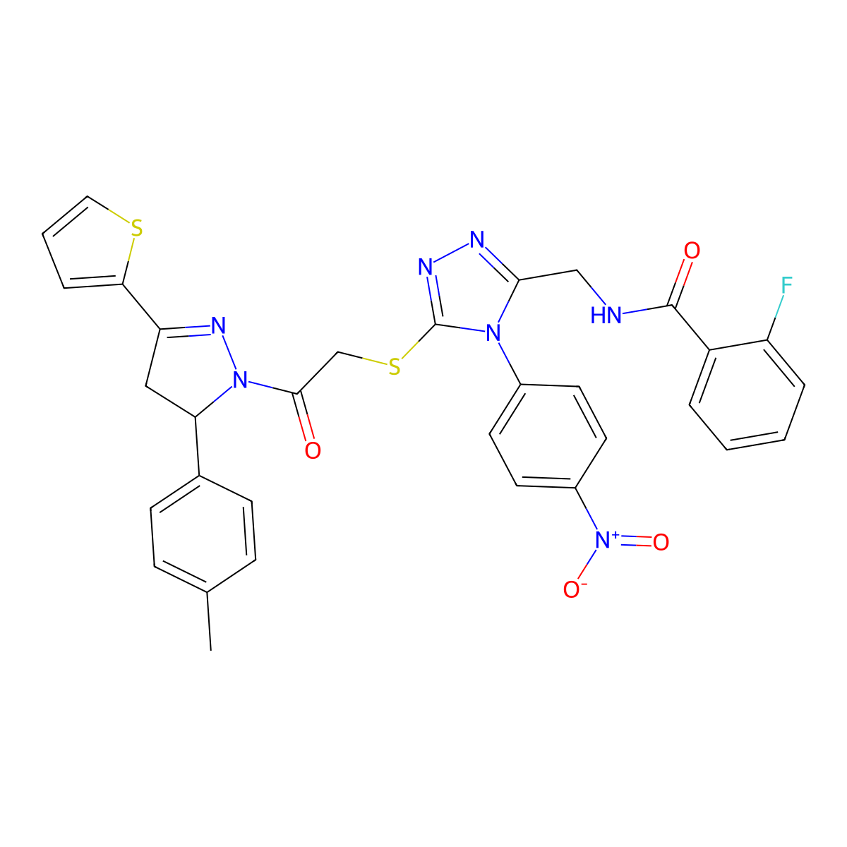 2-fluoro-N-((4-(4-nitrophenyl)-5-((2-oxo-2-(3-(thiophen-2-yl)-5-(p-tolyl)-4,5-dihydro-1H-pyrazol-1-yl)ethyl)thio)-4H-1,2,4-triazol-3-yl)methyl)benzamide molecular structure, CAS 393573-82-5
