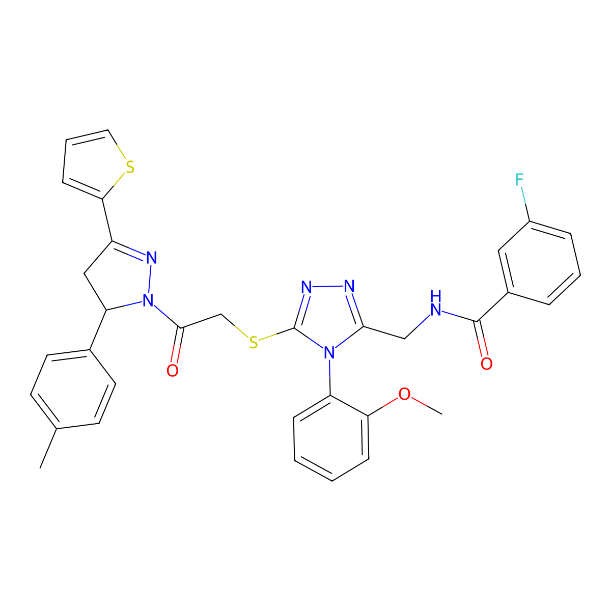 3-fluoro-N-((4-(2-methoxyphenyl)-5-((2-oxo-2-(3-(thiophen-2-yl)-5-(p-tolyl)-4,5-dihydro-1H-pyrazol-1-yl)ethyl)thio)-4H-1,2,4-triazol-3-yl)methyl)benzamide molecular structure, CAS 393574-11-3