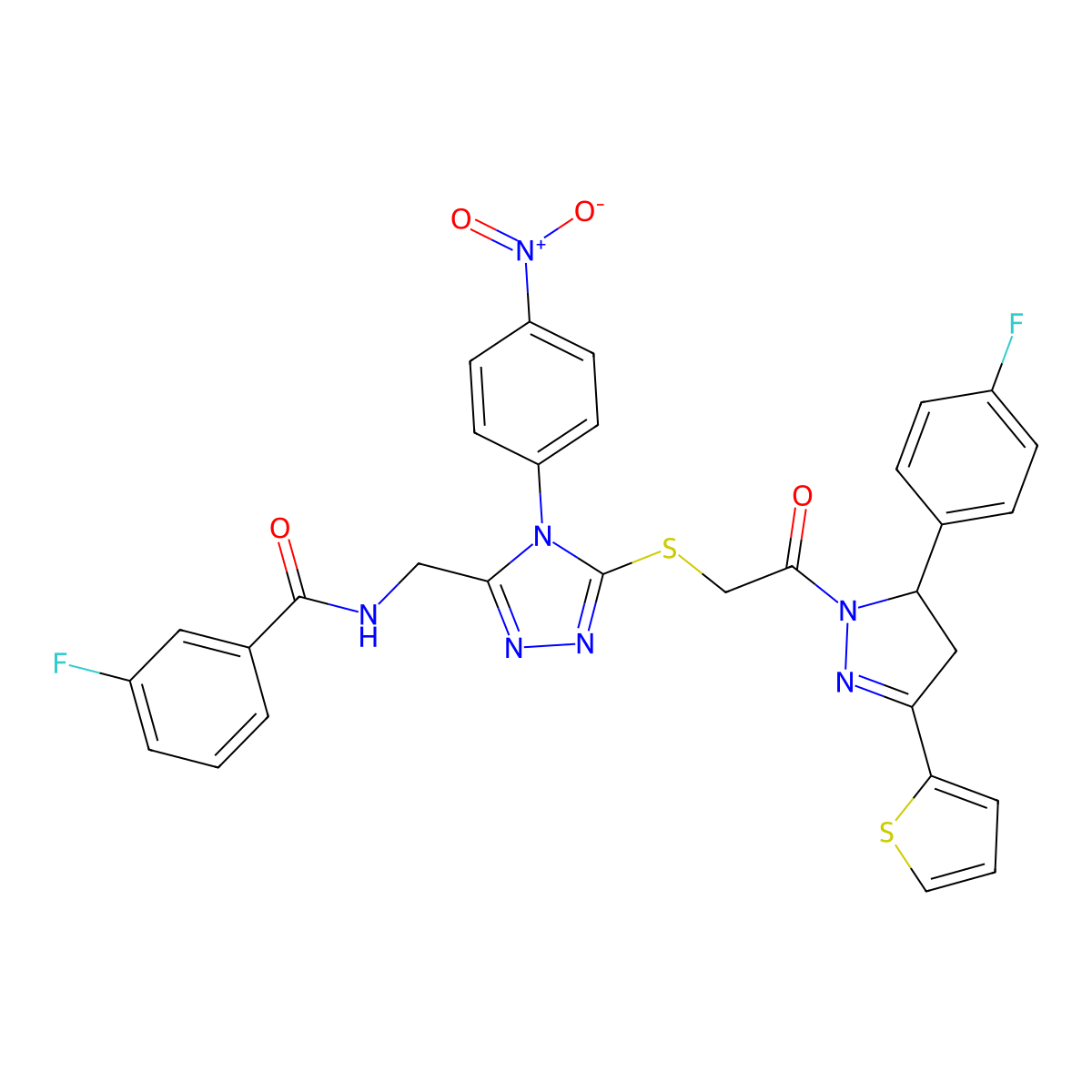 3-fluoro-N-[[5-[2-[3-(4-fluorophenyl)-5-thiophen-2-yl-3,4-dihydropyrazol-2-yl]-2-oxoethyl]sulfanyl-4-(4-nitrophenyl)-1,2,4-triazol-3-yl]methyl]benzamide molecular structure, CAS 393574-12-4