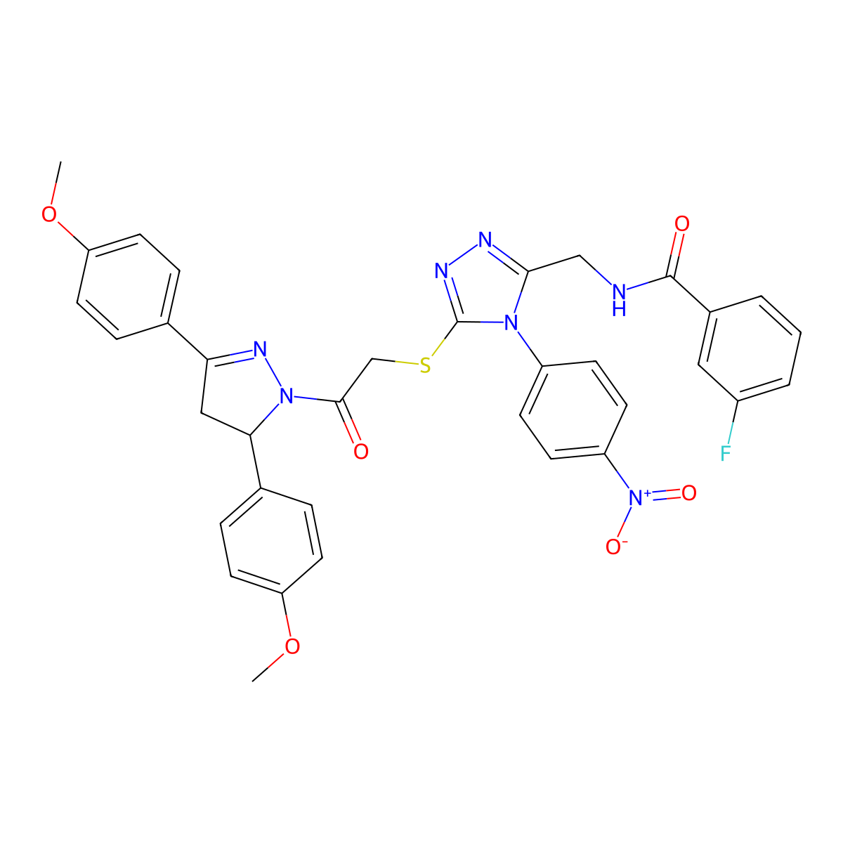 N-((5-((2-(3,5-bis(4-methoxyphenyl)-4,5-dihydro-1H-pyrazol-1-yl)-2-oxoethyl)thio)-4-(4-nitrophenyl)-4H-1,2,4-triazol-3-yl)methyl)-3-fluorobenzamide molecular structure, CAS 393574-13-5