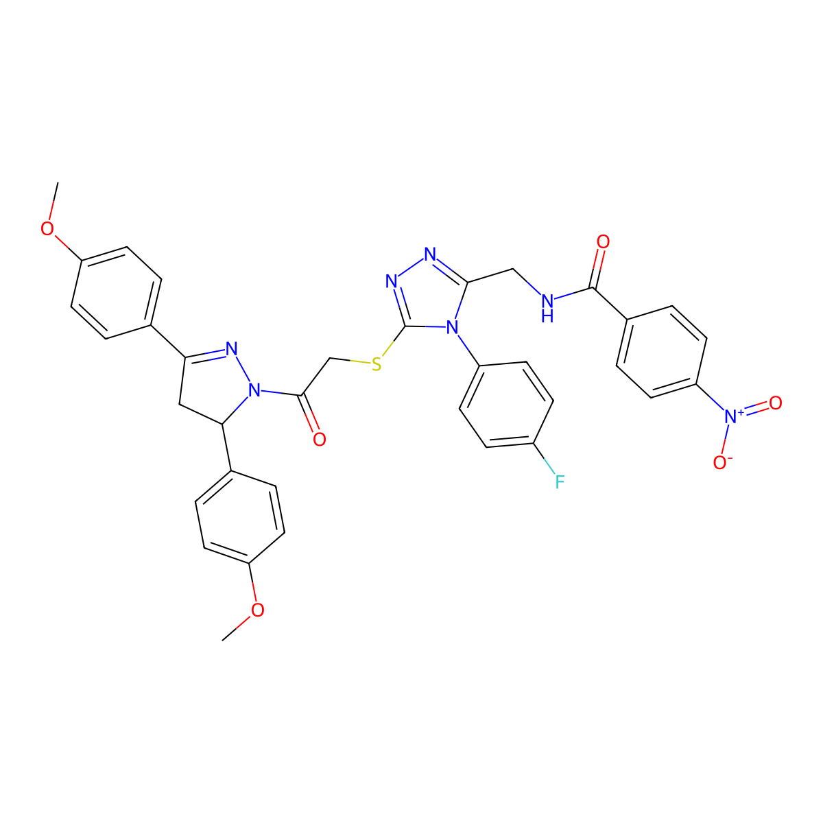 N-{[5-({2-[3,5-bis(4-methoxyphenyl)-4,5-dihydro-1H-pyrazol-1-yl]-2-oxoethyl}sulfanyl)-4-(4-fluorophenyl)-4H-1,2,4-triazol-3-yl]methyl}-4-nitrobenzamide molecular structure, CAS 393582-96-2