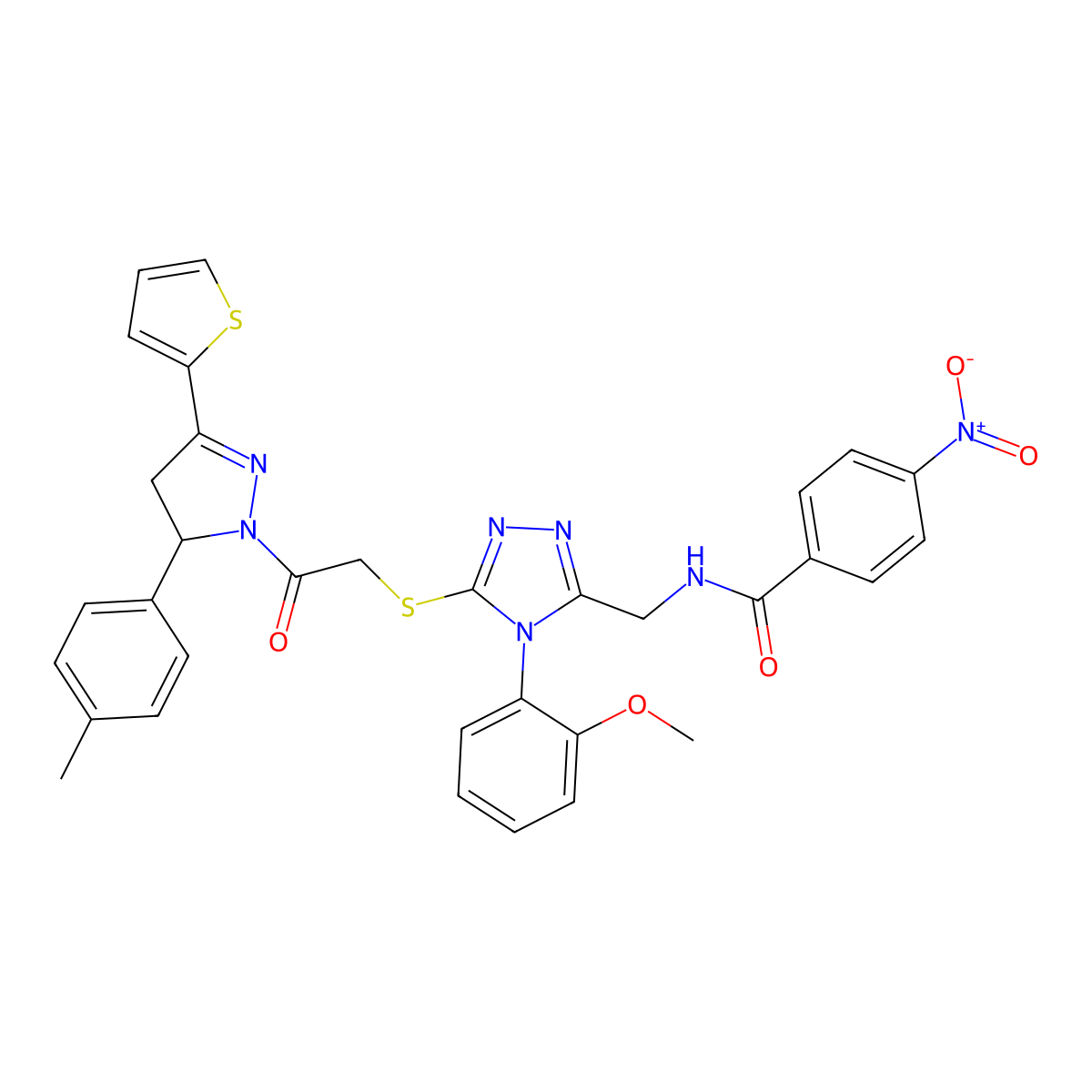 N-((4-(2-methoxyphenyl)-5-((2-oxo-2-(3-(thiophen-2-yl)-5-(p-tolyl)-4,5-dihydro-1H-pyrazol-1-yl)ethyl)thio)-4H-1,2,4-triazol-3-yl)methyl)-4-nitrobenzamide molecular structure, CAS 393582-97-3
