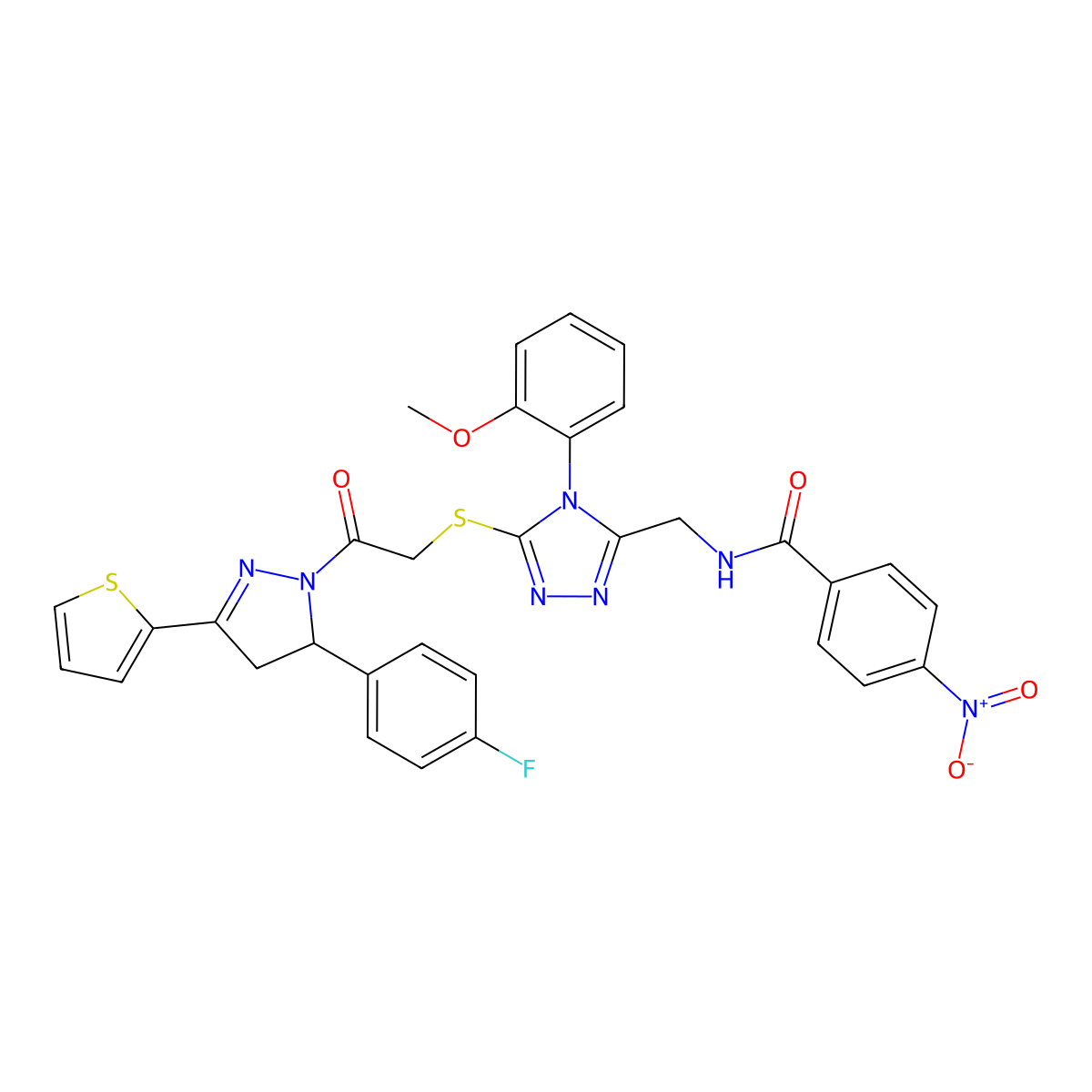 N-((5-((2-(5-(4-fluorophenyl)-3-(thiophen-2-yl)-4,5-dihydro-1H-pyrazol-1-yl)-2-oxoethyl)thio)-4-(2-methoxyphenyl)-4H-1,2,4-triazol-3-yl)methyl)-4-nitrobenzamide molecular structure, CAS 393582-99-5