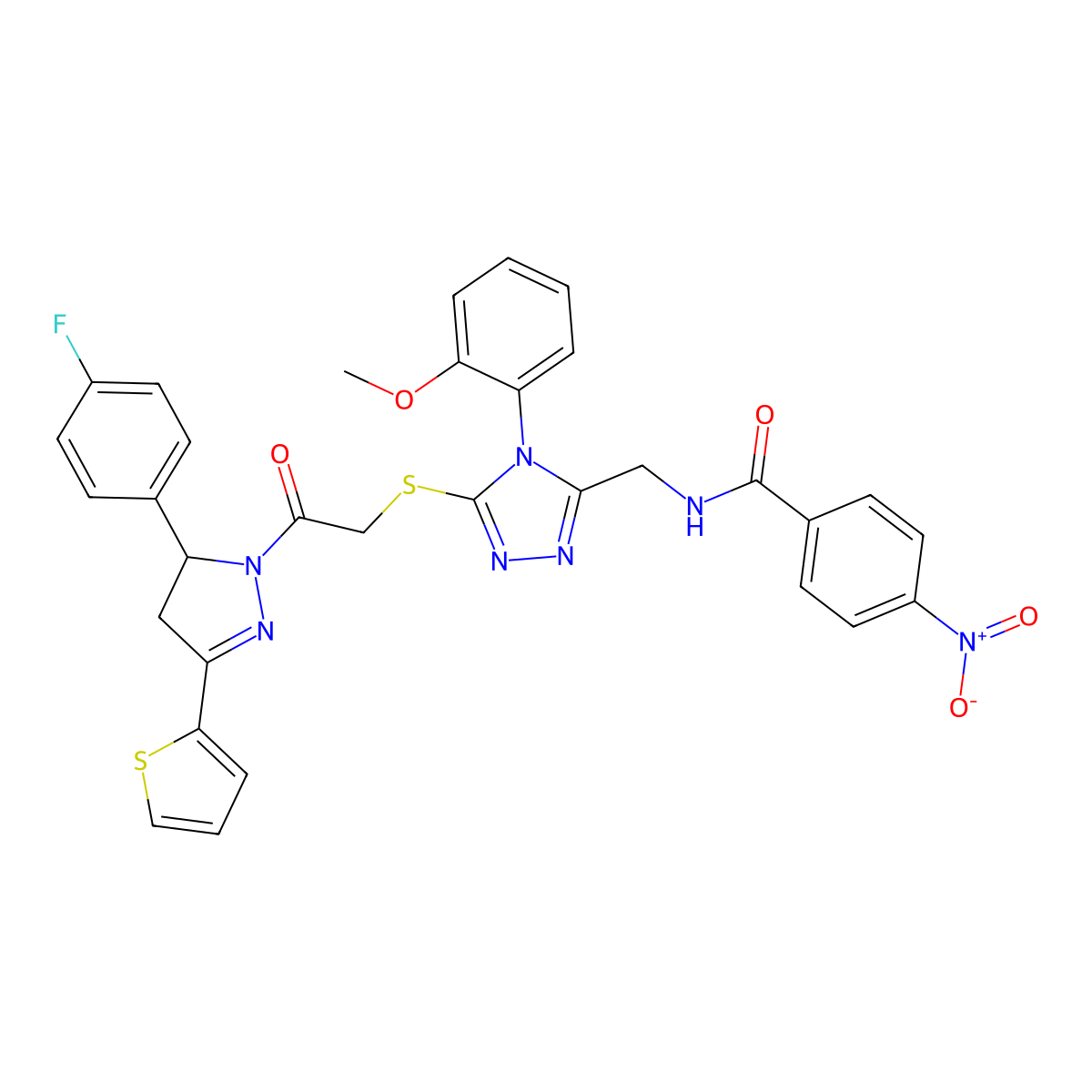 N-((5-((2-(5-(4-fluorophenyl)-3-(thiophen-2-yl)-4,5-dihydro-1H-pyrazol-1-yl)-2-oxoethyl)thio)-4-(2-methoxyphenyl)-4H-1,2,4-triazol-3-yl)methyl)-4-nitrobenzamide molecular structure, CAS 393582-99-5