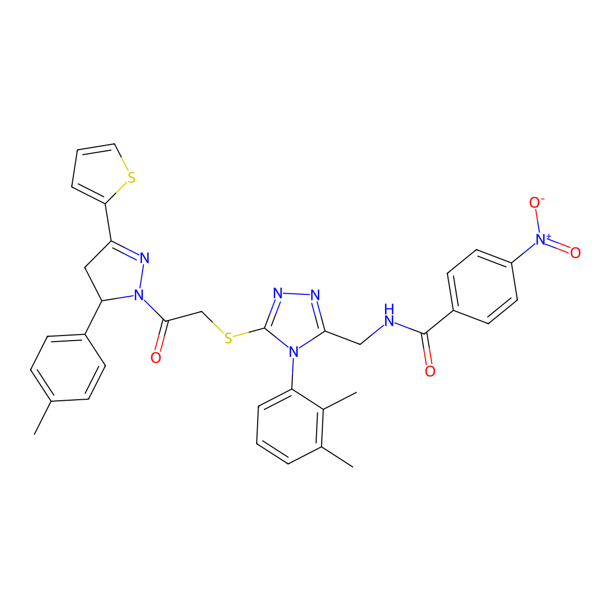 N-((4-(2,3-dimethylphenyl)-5-((2-oxo-2-(3-(thiophen-2-yl)-5-(p-tolyl)-4,5-dihydro-1H-pyrazol-1-yl)ethyl)thio)-4H-1,2,4-triazol-3-yl)methyl)-4-nitrobenzamide molecular structure, CAS 393583-00-1